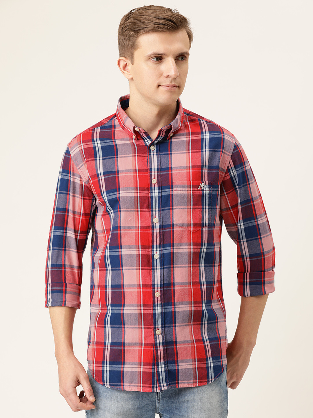 

Aeropostale Men Red & Navy Blue Regular Fit Checked Casual Shirt