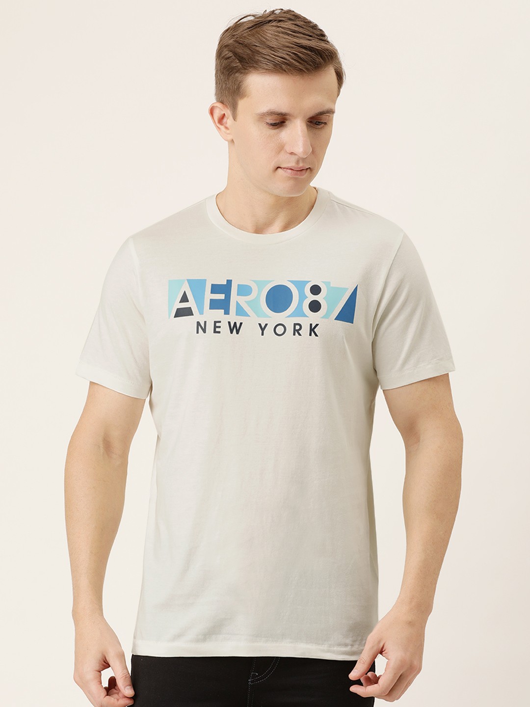 

Aeropostale Men Off-White Printed Round Neck Pure Cotton T-shirt