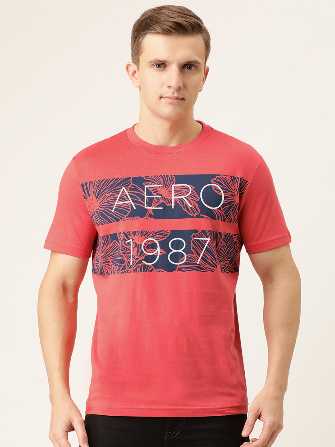 

Aeropostale Men Coral Printed Round Neck T-shirt