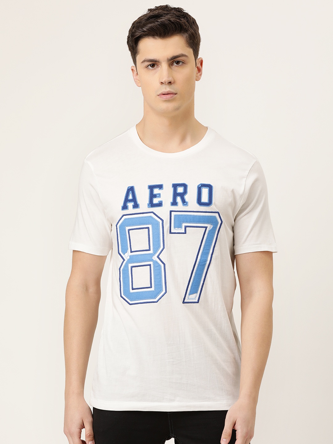 

Aeropostale Men Off-White Printed Round Neck Pure Cotton T-shirt with Applique Detail