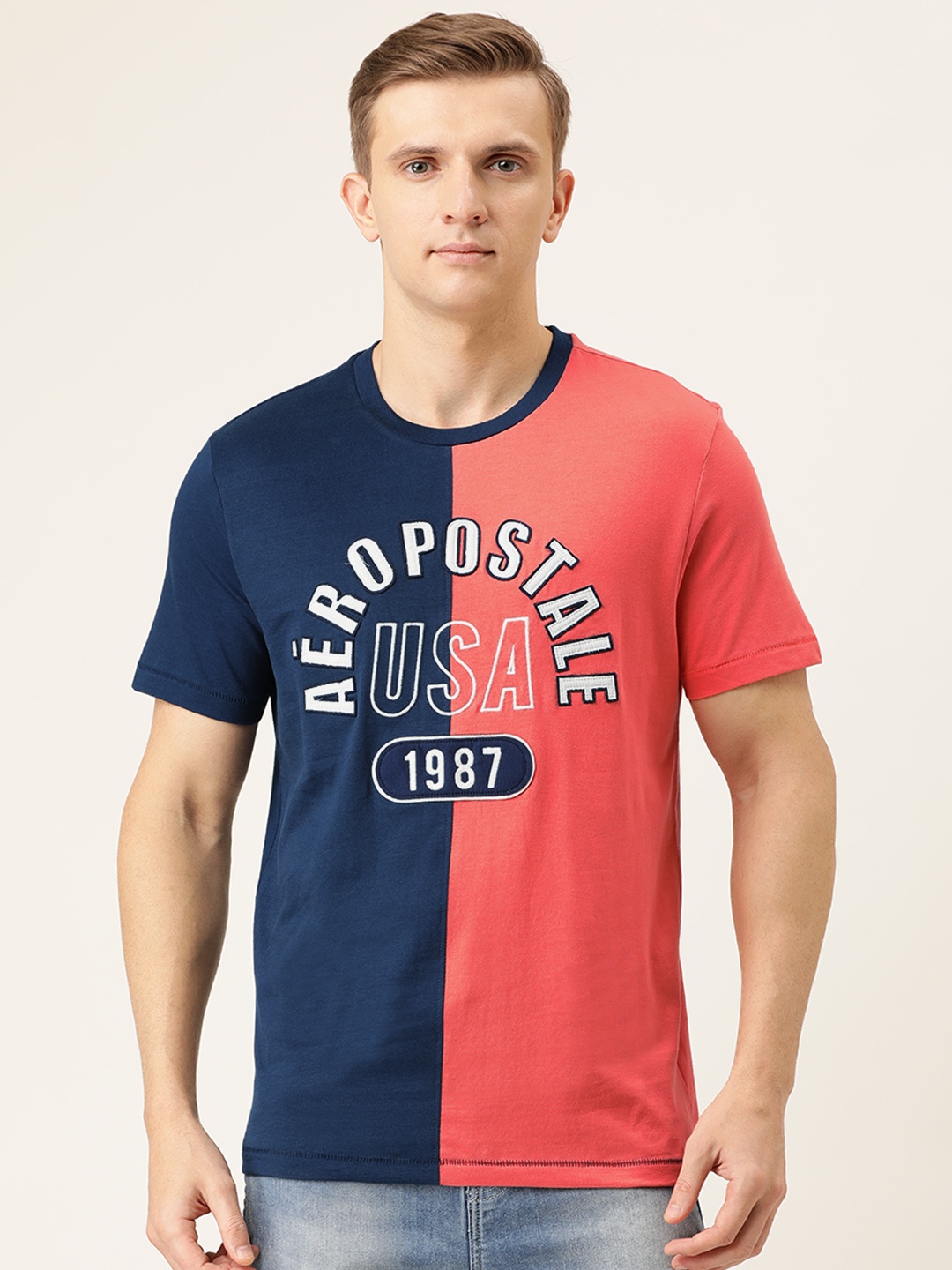 

Aeropostale Men Navy Blue Pink Printed Round Neck Pure Cotton T-shirt