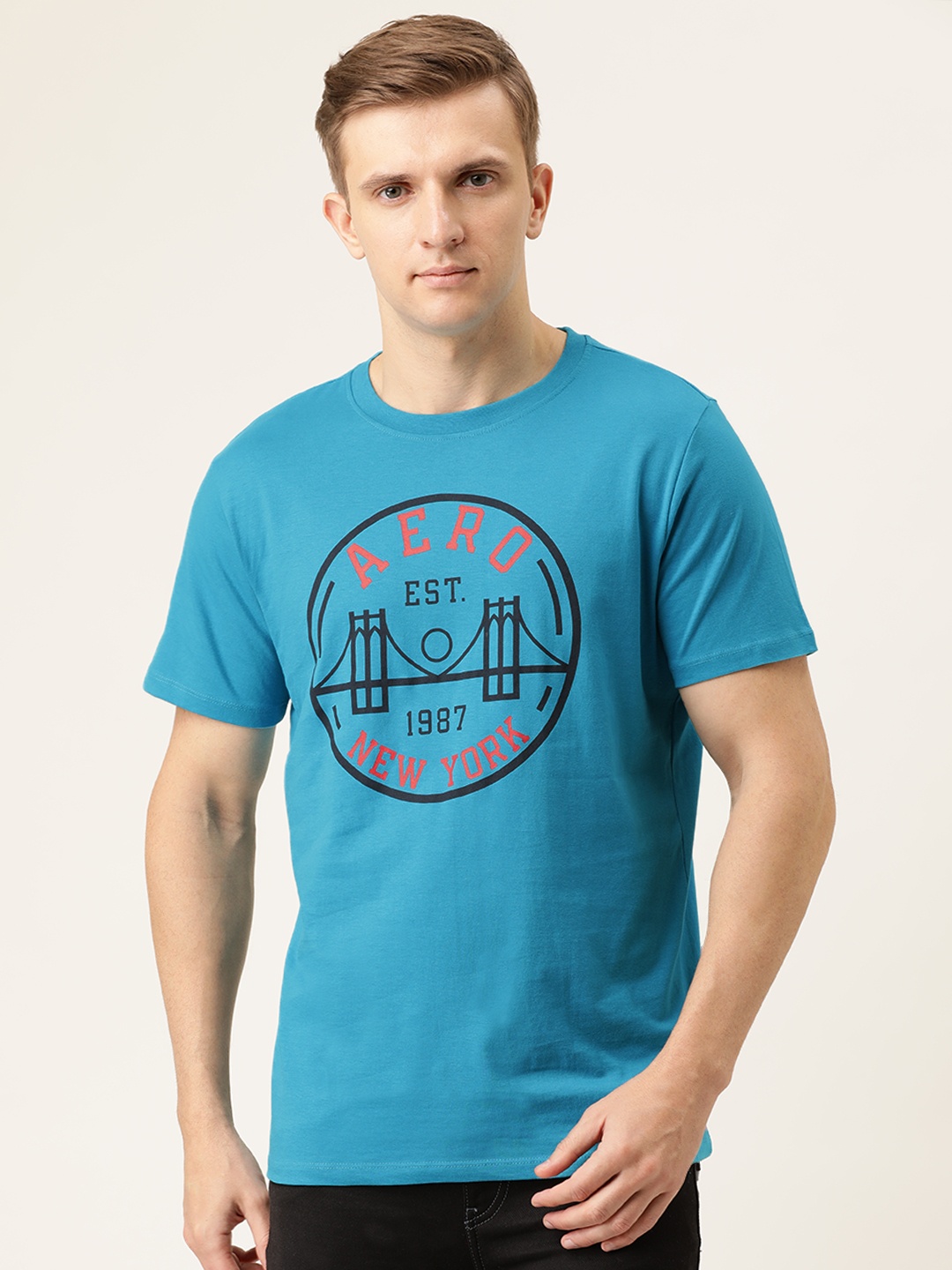 

Aeropostale Men Blue Printed Round Neck Pure Cotton T-shirt