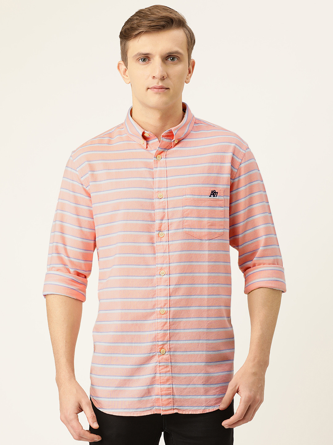 

Aeropostale Men Pink & White Regular Fit Striped Casual Shirt