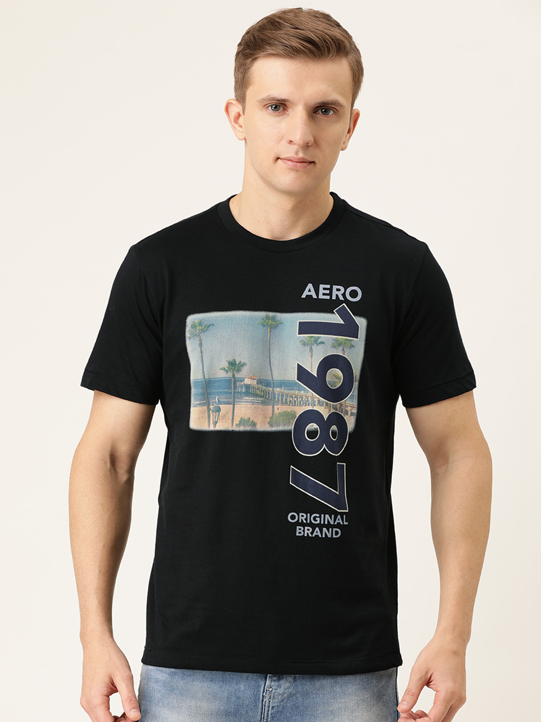 

Aeropostale Men Black Printed Round Neck Pure Cotton T-shirt