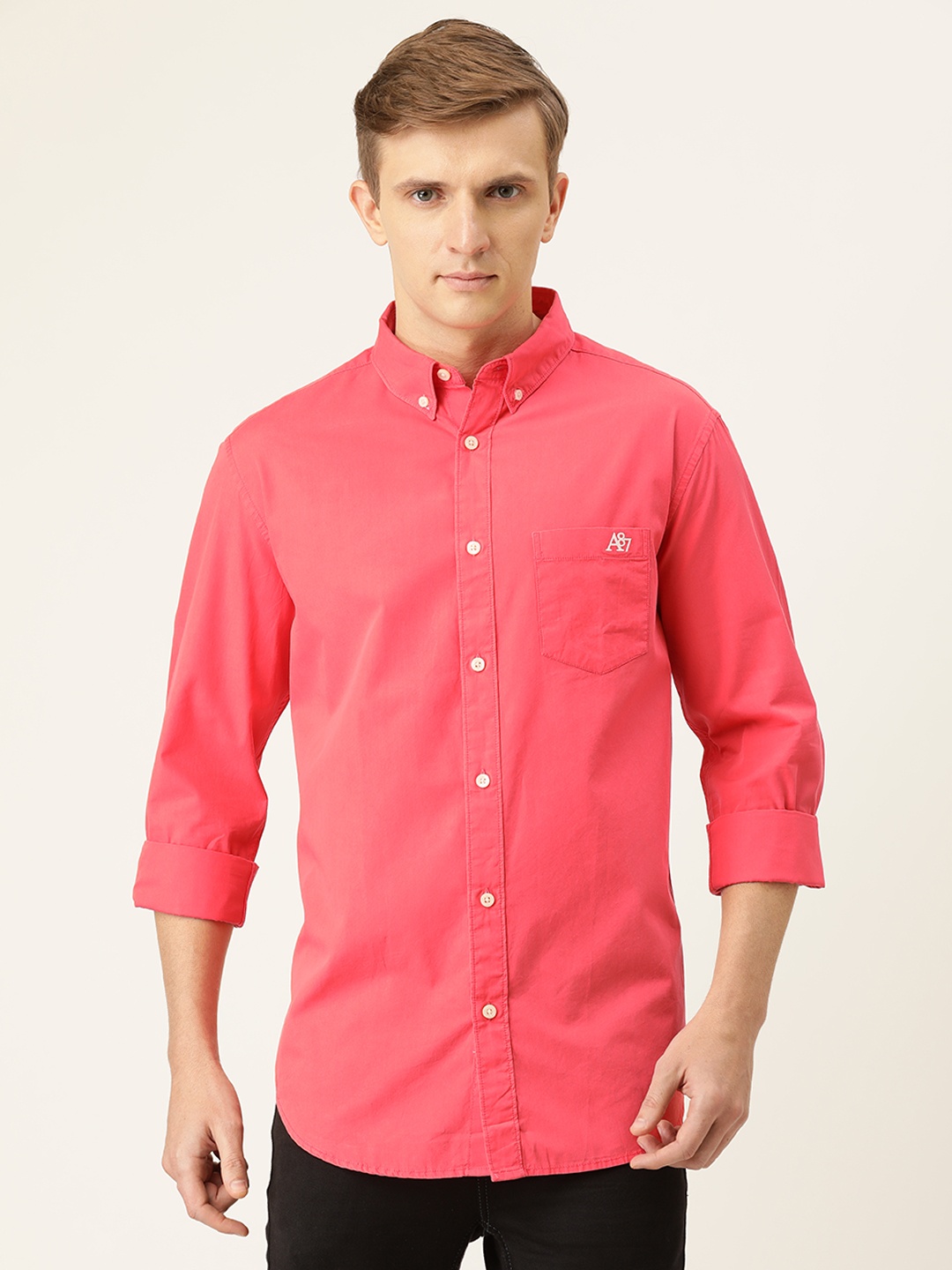 

Aeropostale Men Coral Pink Regular Fit Solid Casual Shirt