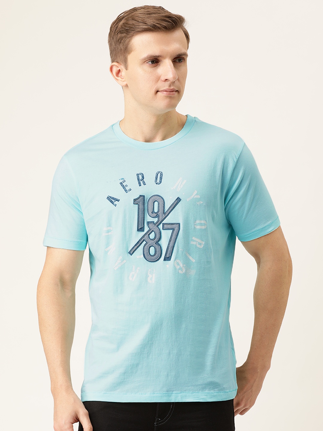 

Aeropostale Men Blue Printed Round Neck Pure Cotton T-shirt