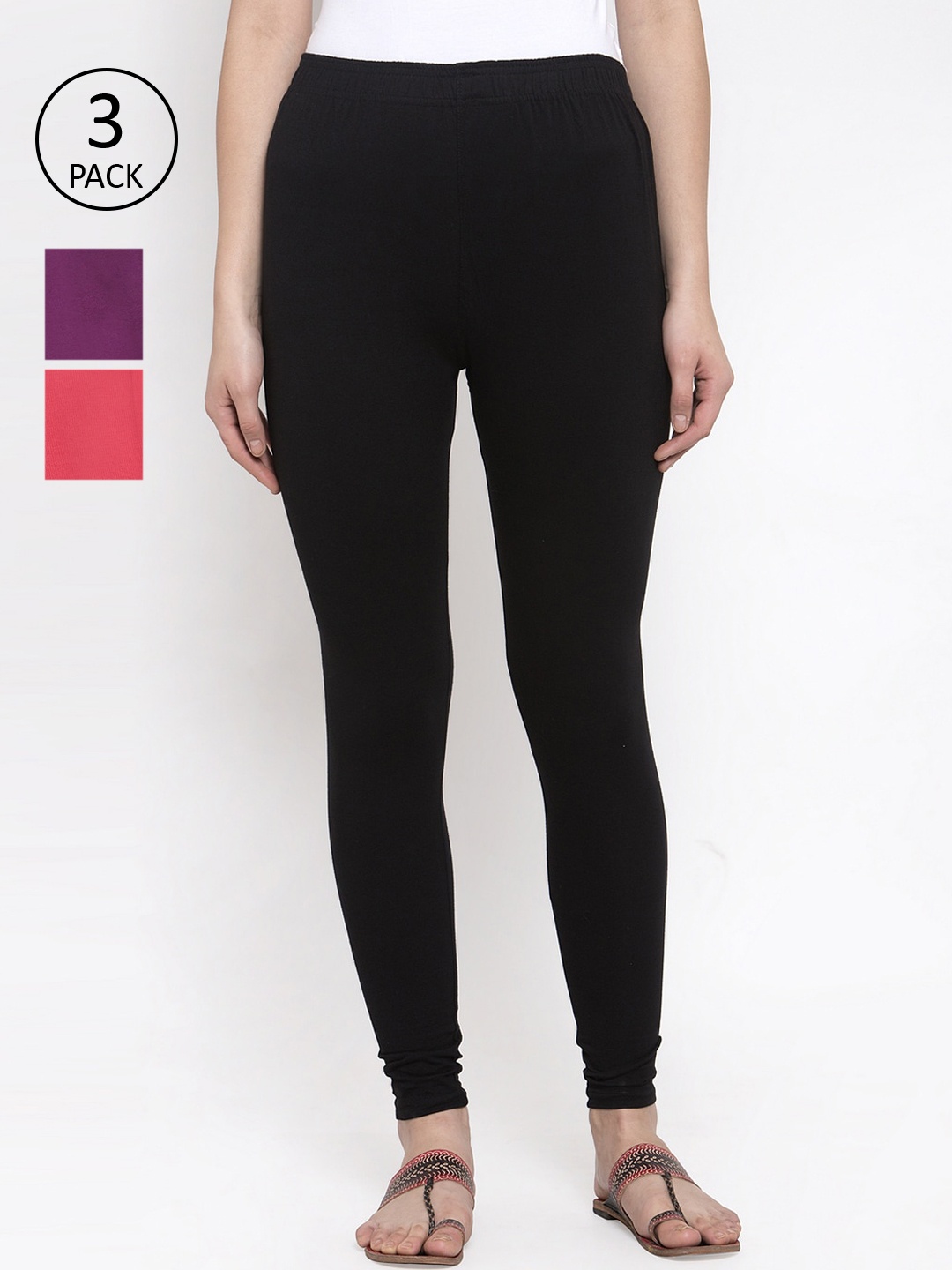 

TAG 7 Women Pack Of 3 Solid Churidar-Length Leggings, Black