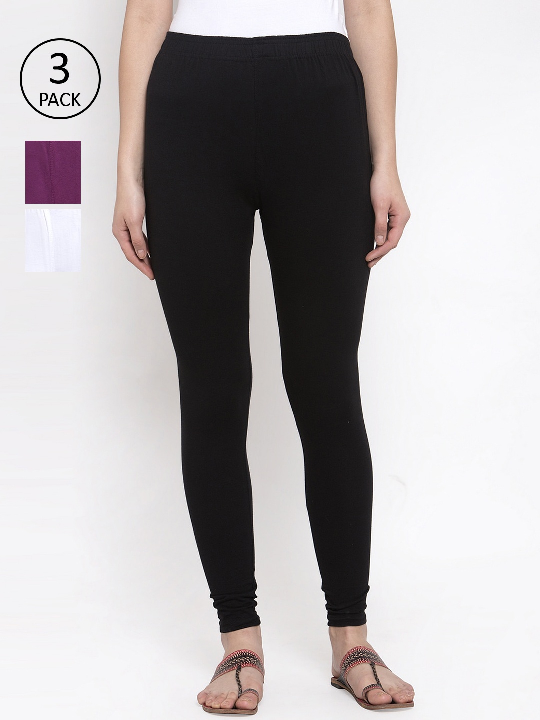 

TAG 7 Women Pack Of 3 Solid Churidar-Length Leggings, Black