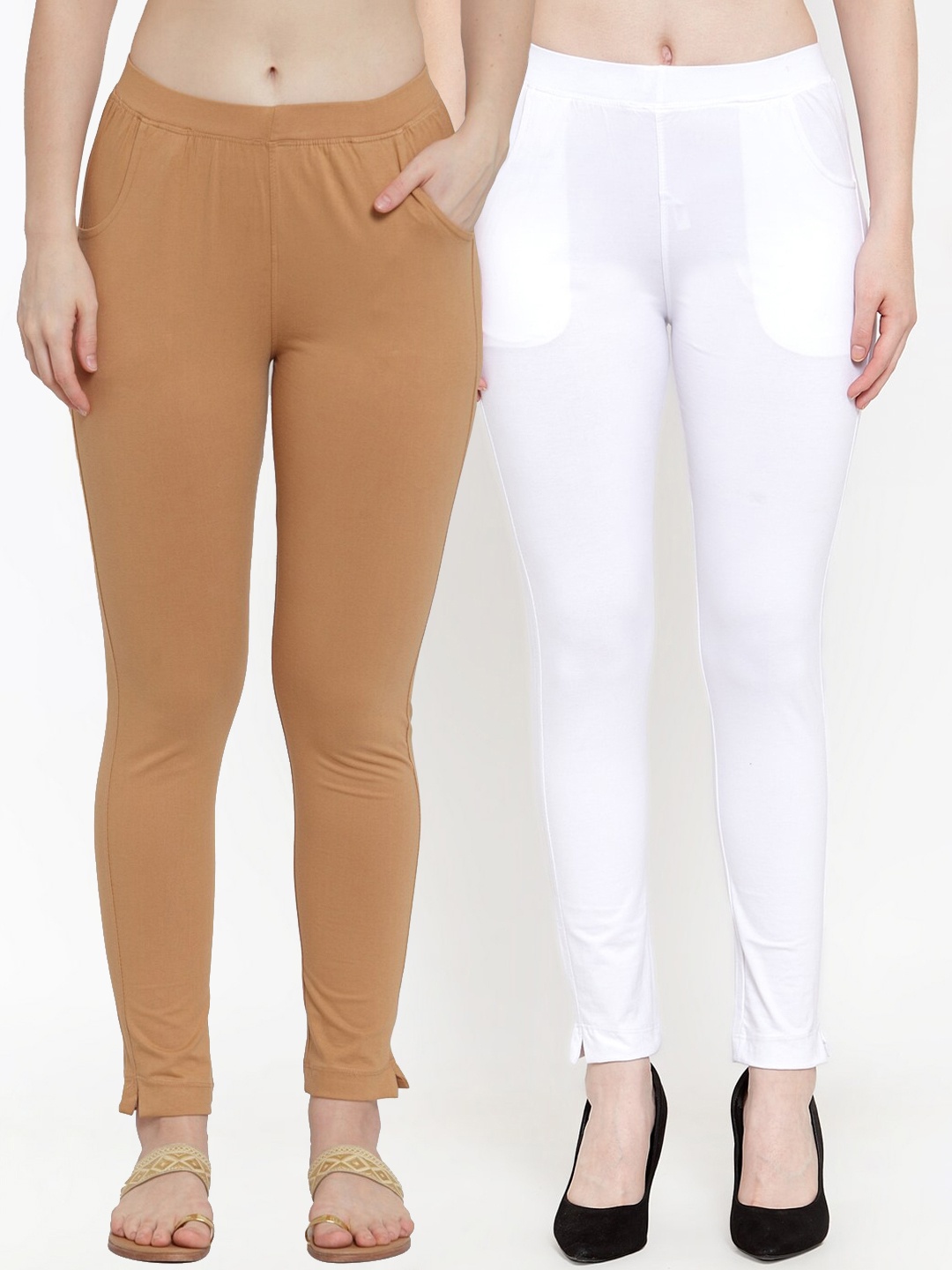 

TAG 7 Women Pack Of 2 Solid Straight-Fit Ankle-Length Leggings, Beige