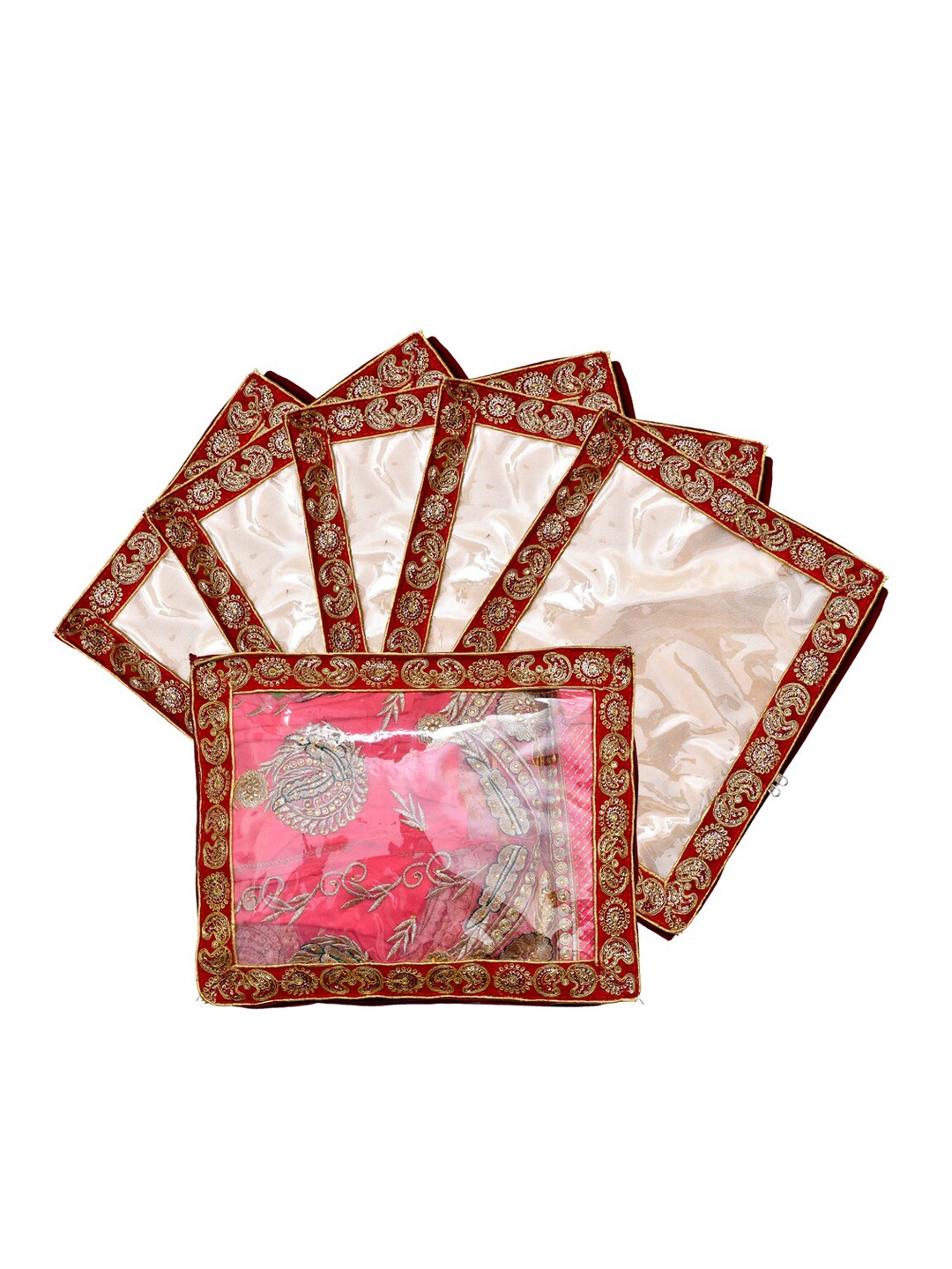 

Kuber Industries Set Of 6 Red & Transparent Embellished Single Packing Saree Cover Organizers