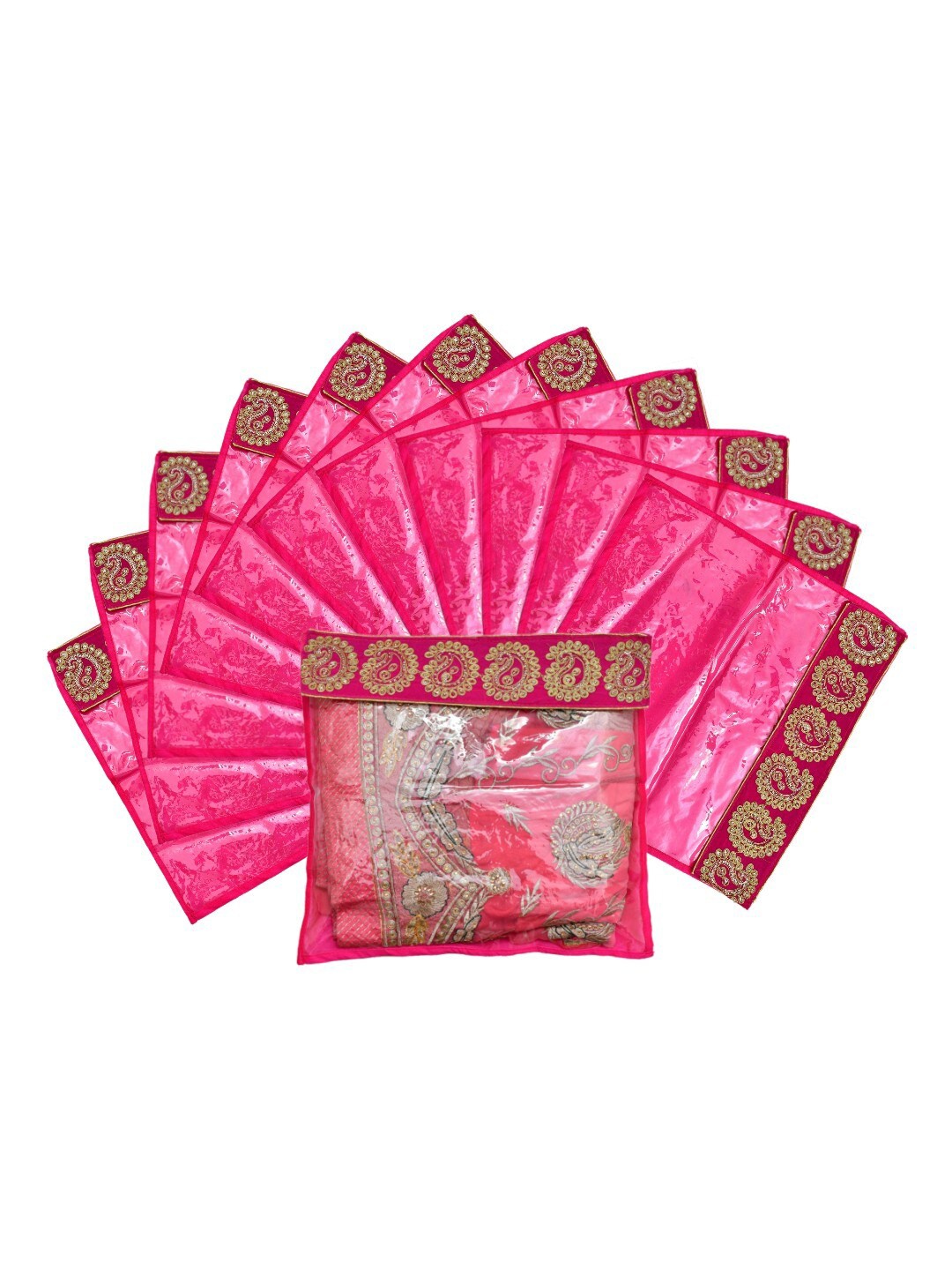 

Kuber Industries Set Of 12 Pink & Transparent Zari Border Flip Single Packing Saree Cover Organizers