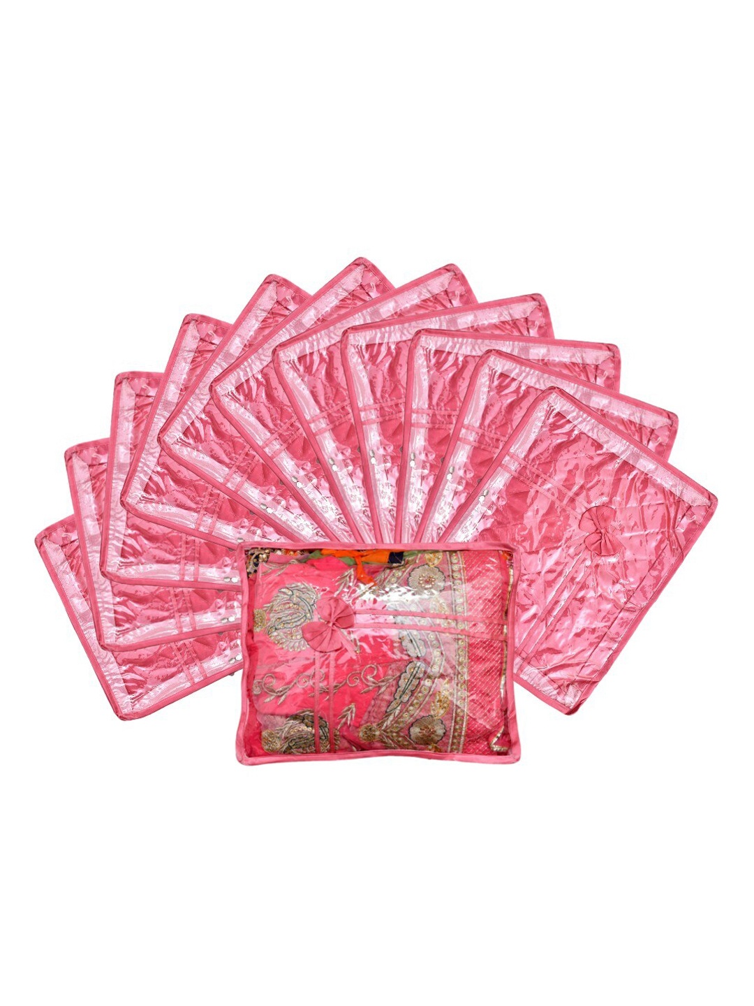 

Kuber Industries Set Of 12 Pink & Transparent Solid Satin Single Packing Saree Cover Organizers