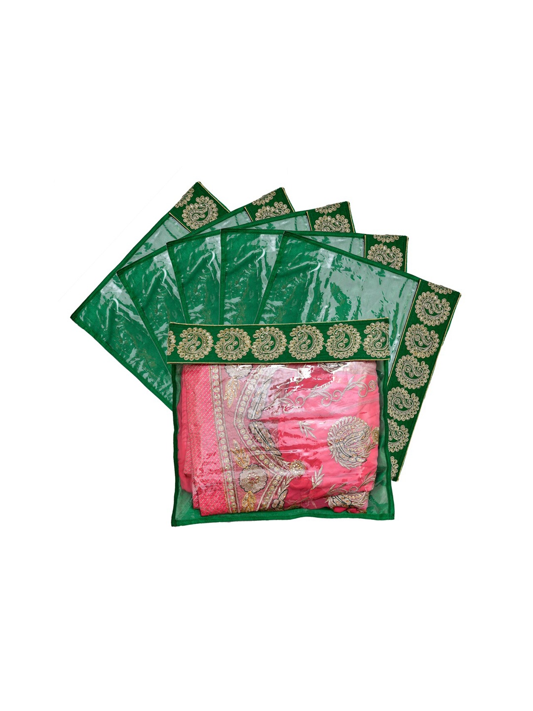 

Kuber Industries Set Of 6 Green & Transparent Zari Border Flip Single Packing Saree Cover Organizers