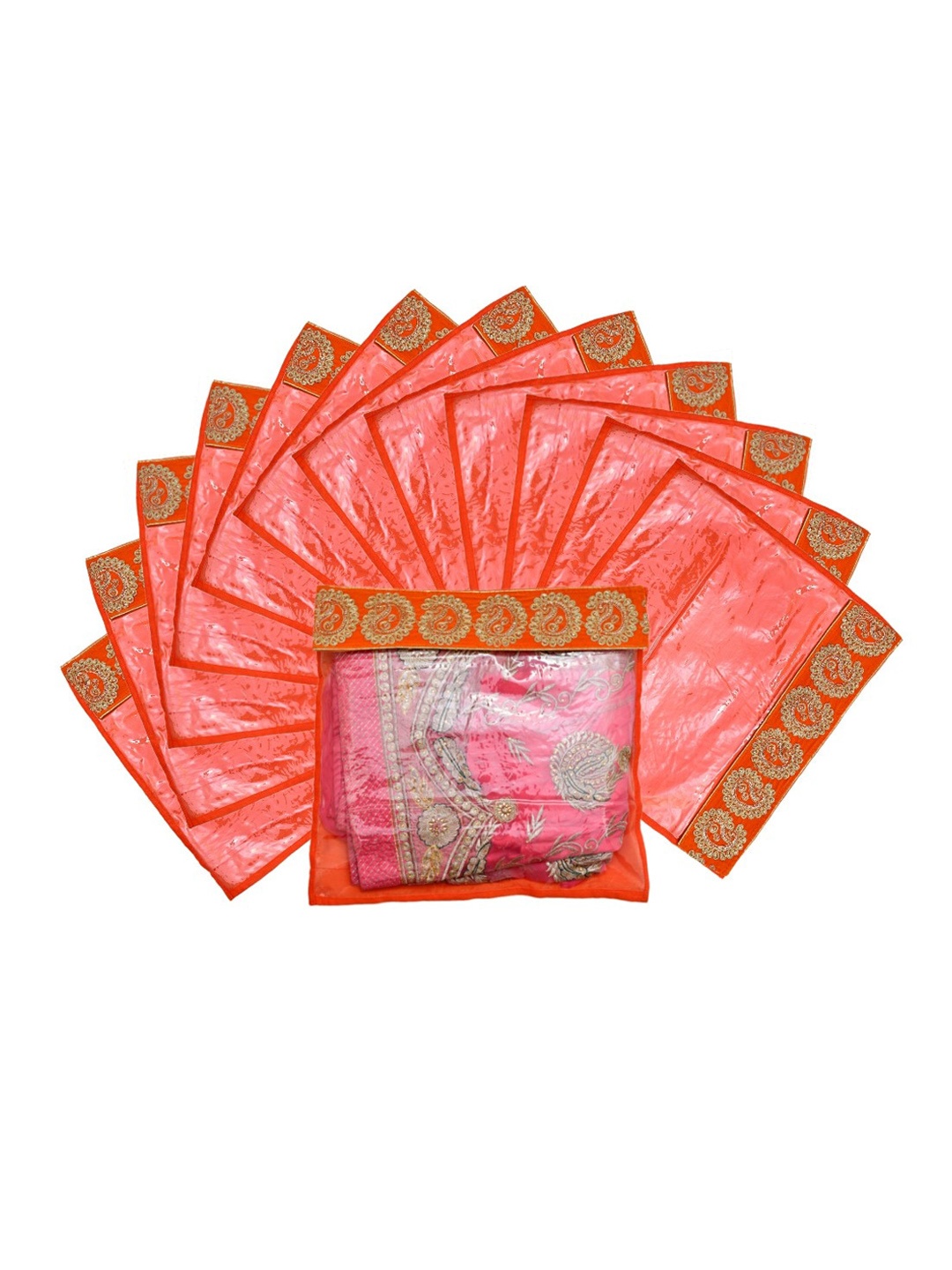 

Kuber Industries Set Of 12 Orange & Transparent Zari Border Flip Single Packing Saree Cover Organizers