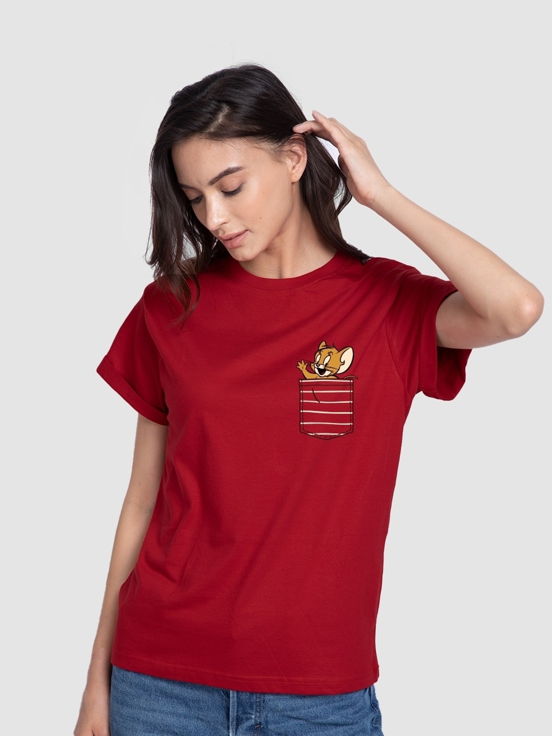 

Bewakoof X Official Tom Jerry Merchandise Pocket Jerry Graphic Printed Boyfriend T-shirt, Red