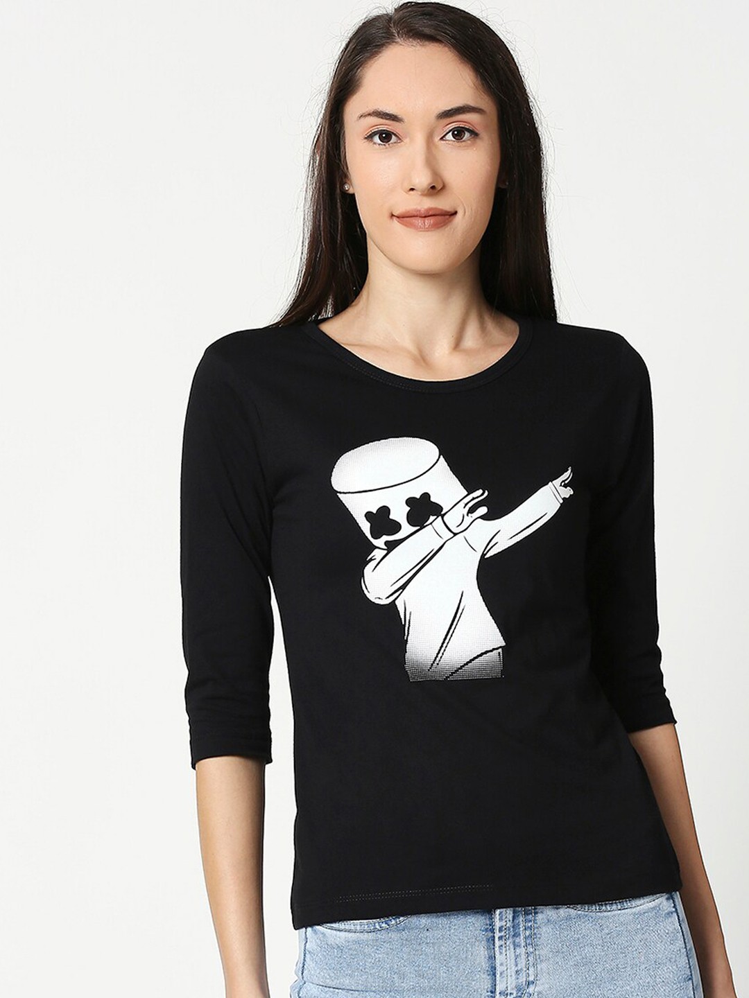 

Bewakoof Women Black Dab Marshmello Printed Round Neck T-shirt