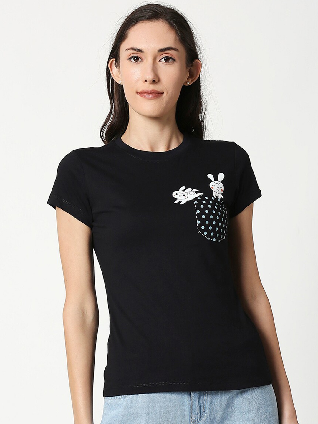 

Bewakoof Women Black Printed Round Neck T-shirt