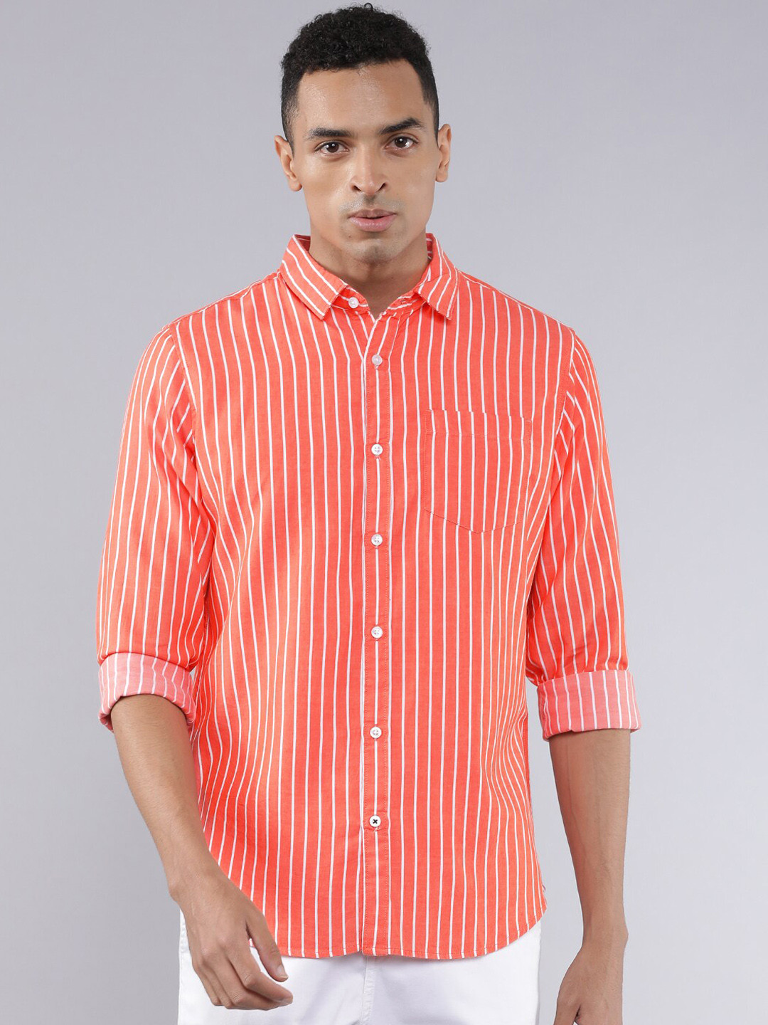 

HIGHLANDER Men Coral Pink & White Slim Fit Striped Casual Shirt