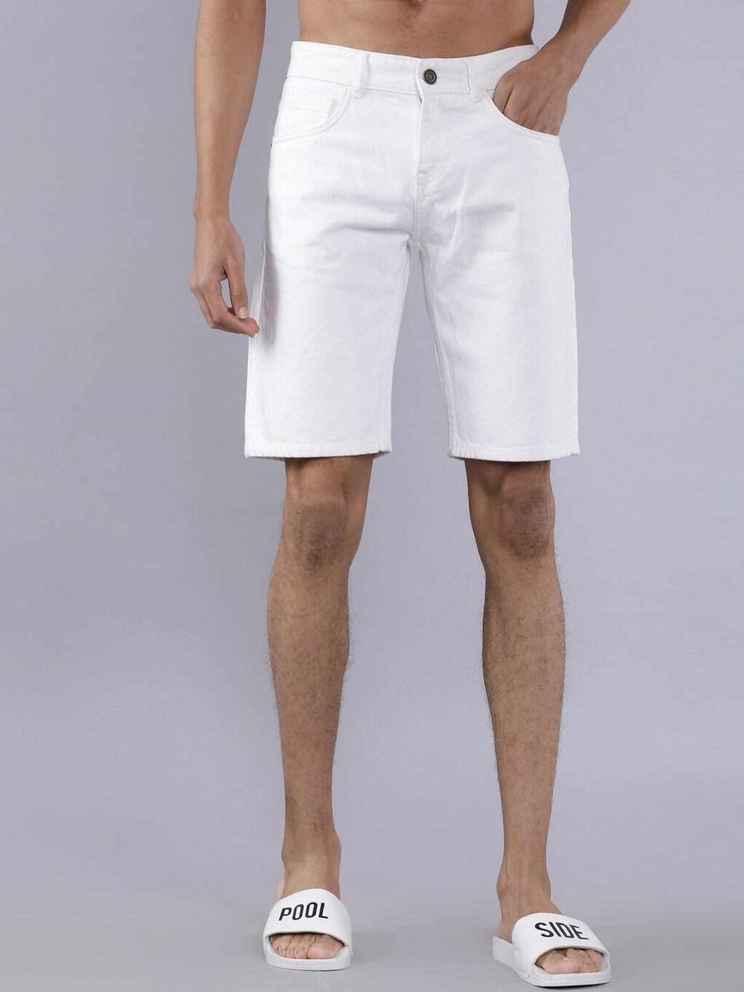 

HIGHLANDER Men White Solid Slim Fit Denim Shorts