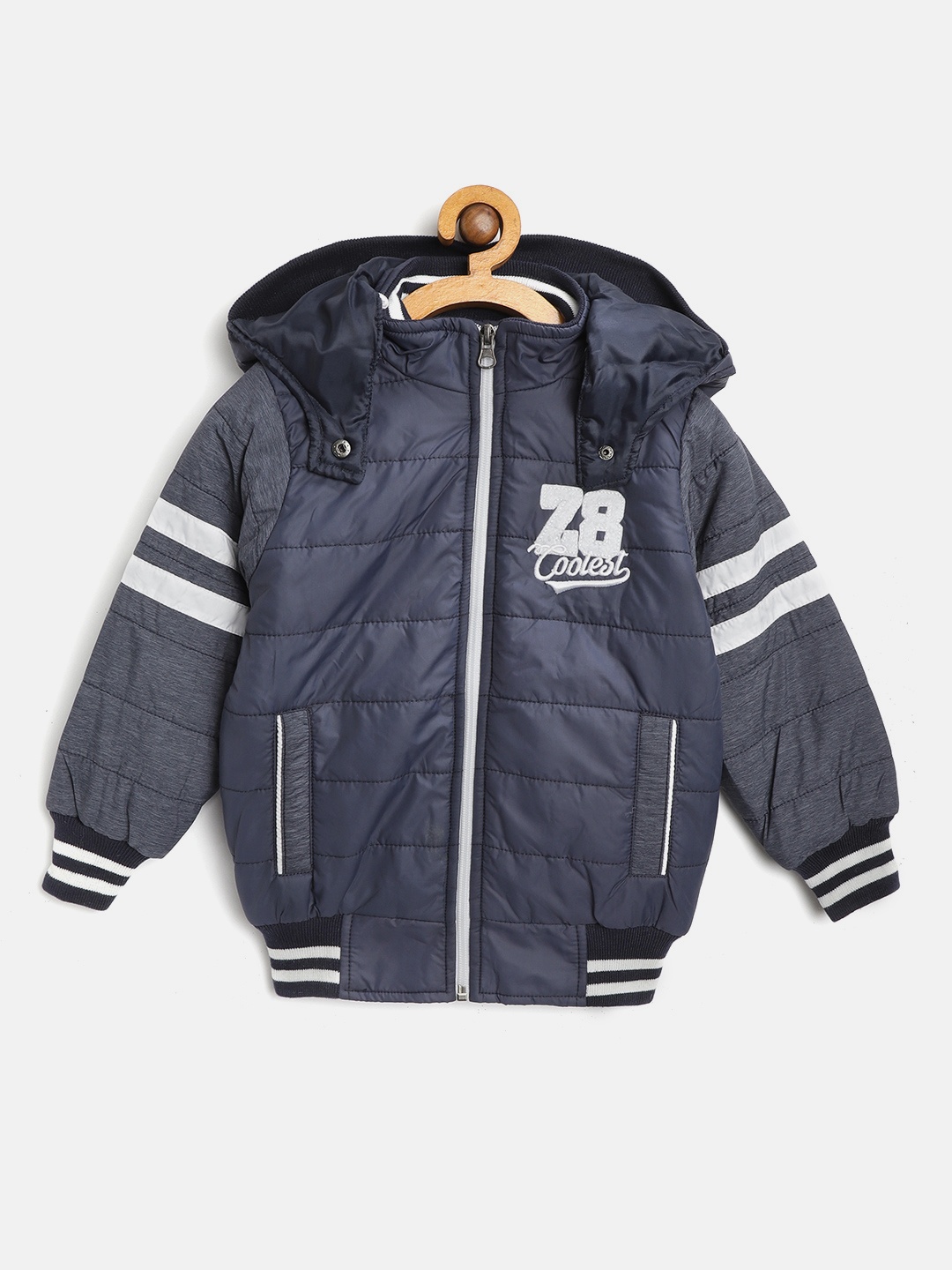 

Little Marco Boys Navy Blue Solid Hooded Bomber Jacket