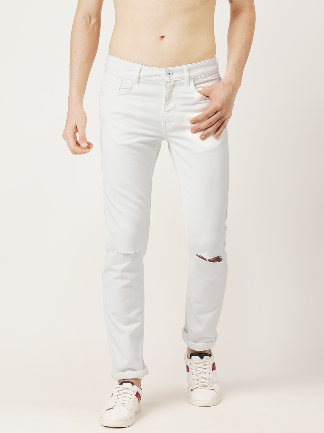 

Flying Machine Men White Micheal Slim Tapered Fit Mid-Rise Slash Knee Jeans