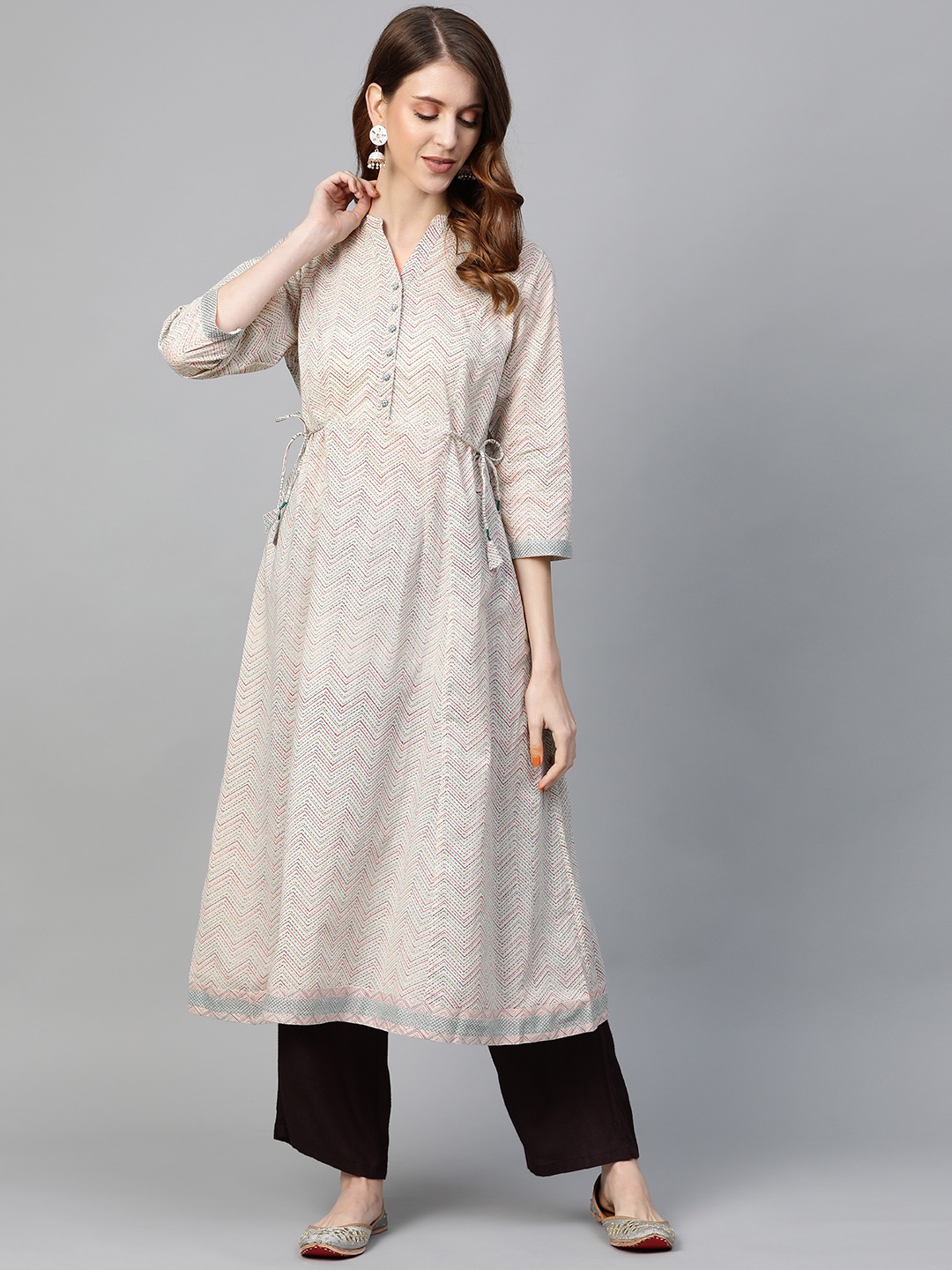 

Fabindia Women Off-White & Pink Slim Fit Printed A-Line Kurta