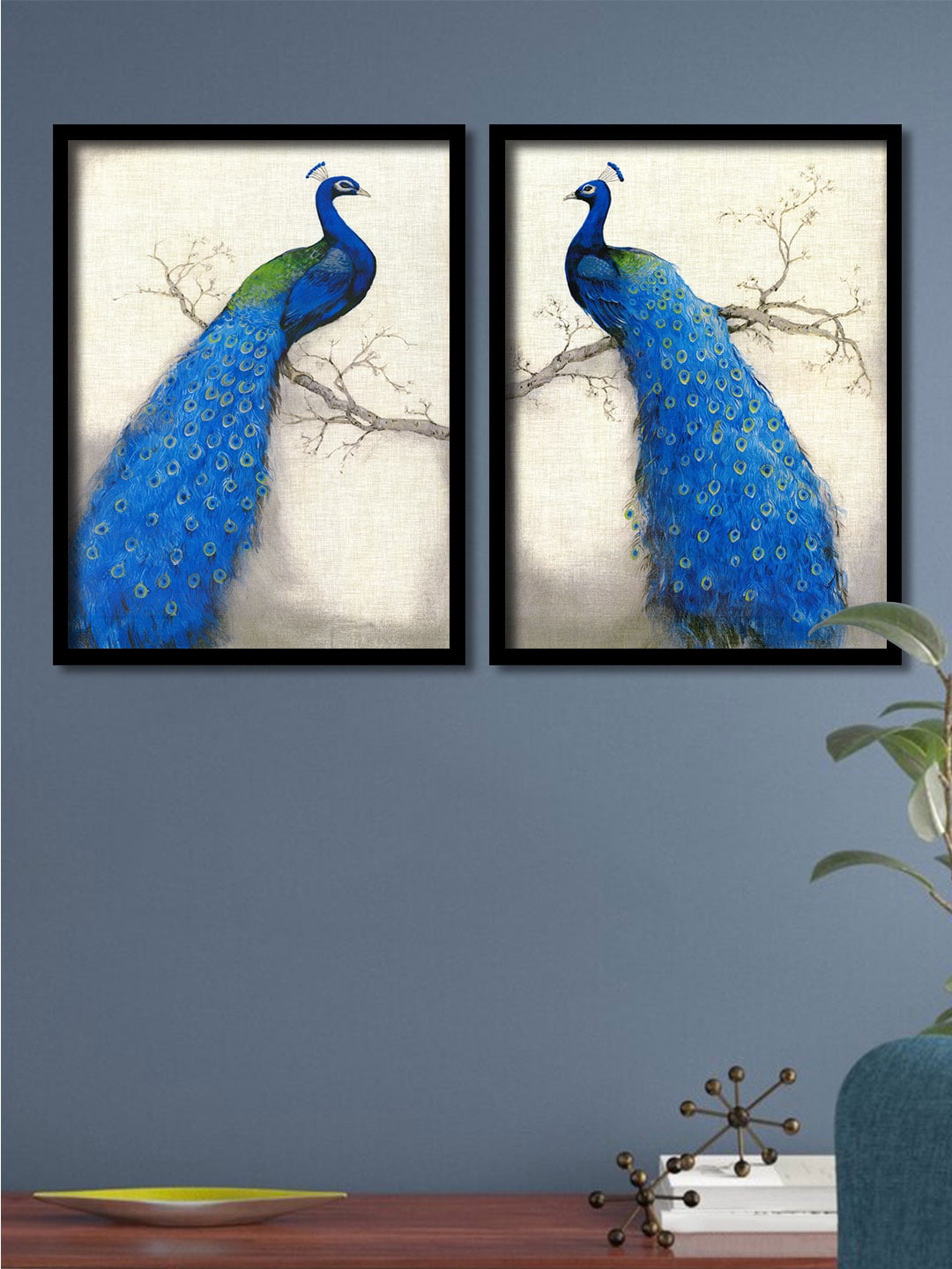 

Art Street Set Of 2 Blue & Grey Peacock Framed Canvas Wall Arts