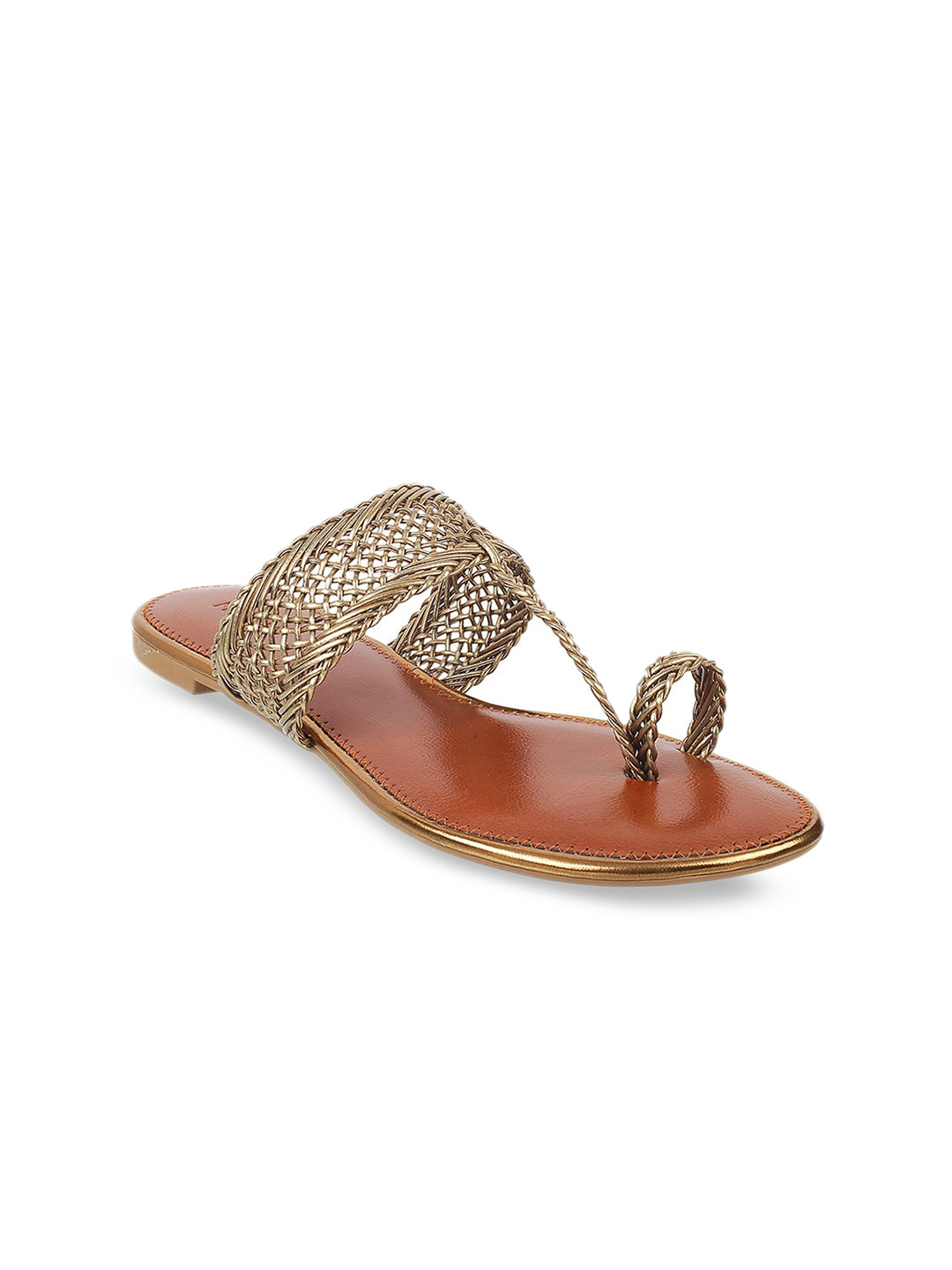 

Mochi Women Antique Gold-Toned Woven Design One Toe Flats