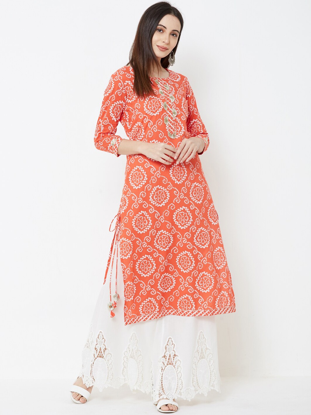 

FASHOR Women Orange & White Printed Straight Kurta