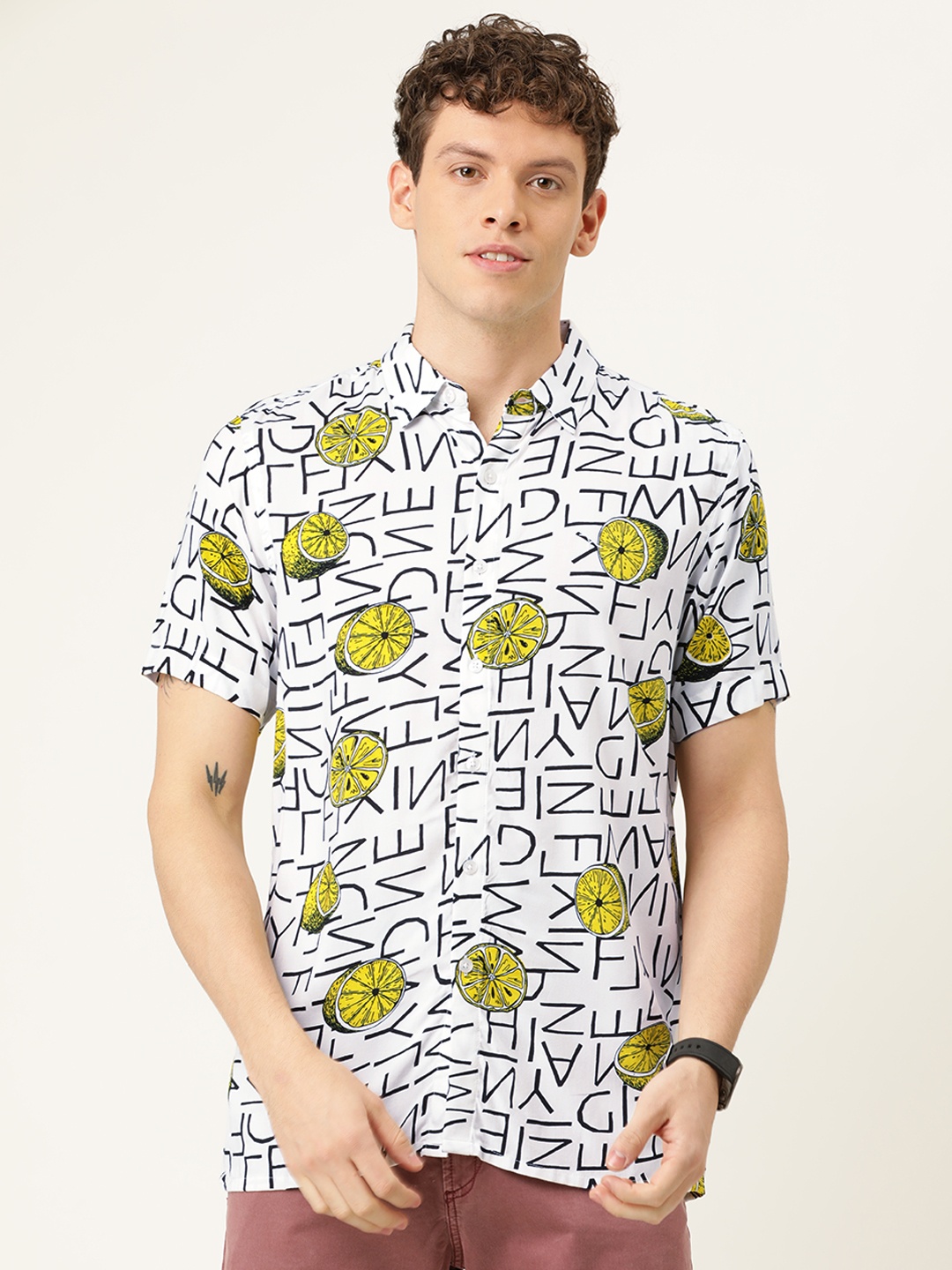 

Flying Machine Men White & Yellow Regular Fit Lemon Printed Casual Shirt