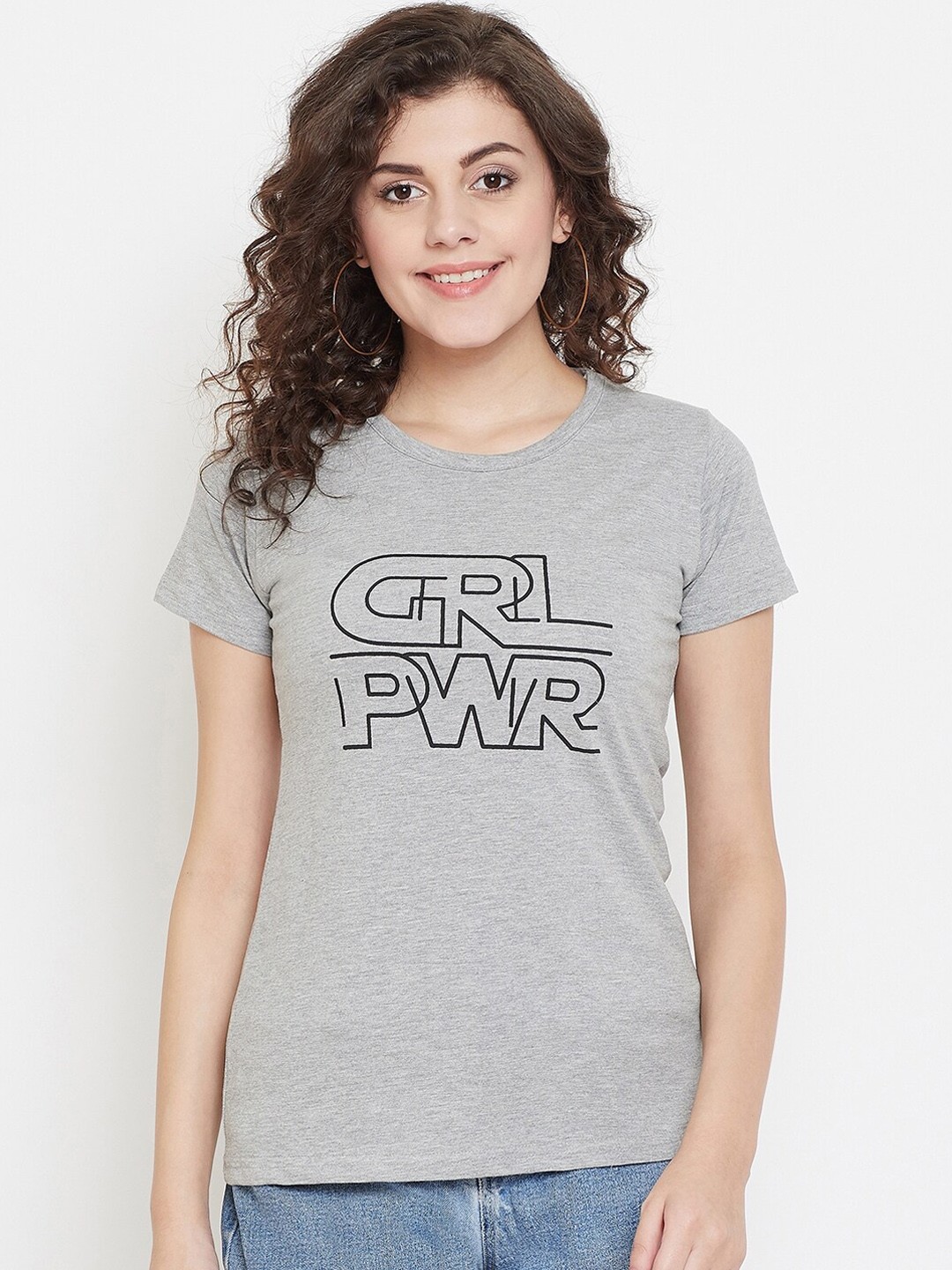 

Purple Feather Women Grey Printed Round Neck T-shirt