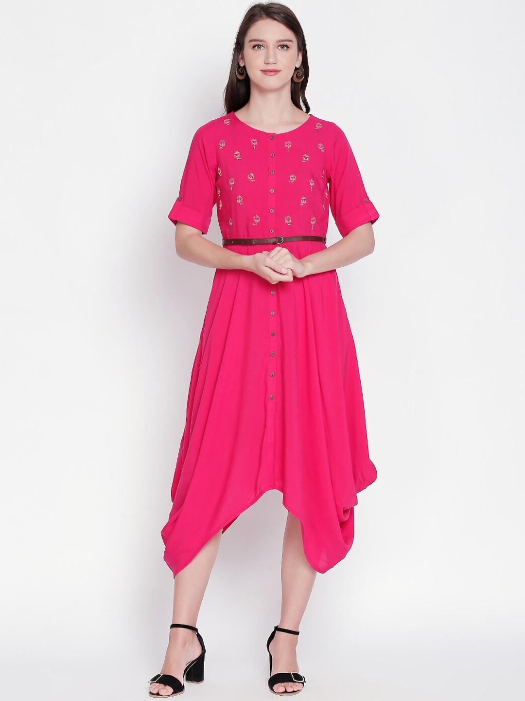 

AKKRITI BY PANTALOONS Women Fuchsia Pink Embroidered Fit & Flare Dress