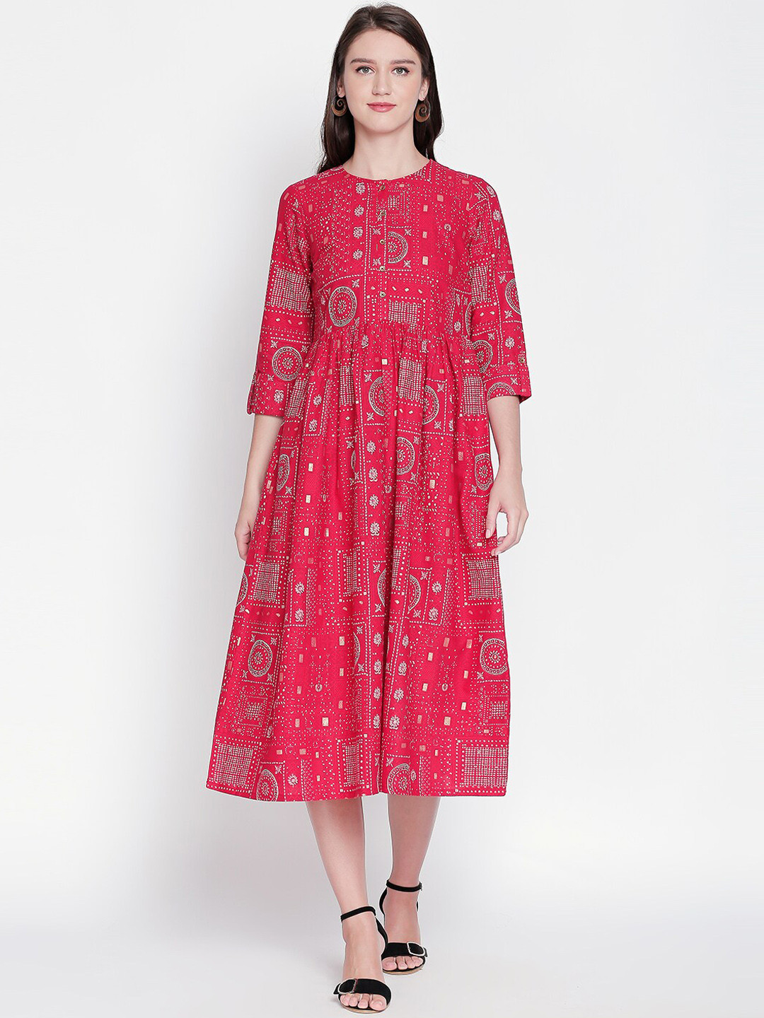 

AKKRITI BY PANTALOONS Women Red & Off-White Printed Fit and Flare Dress