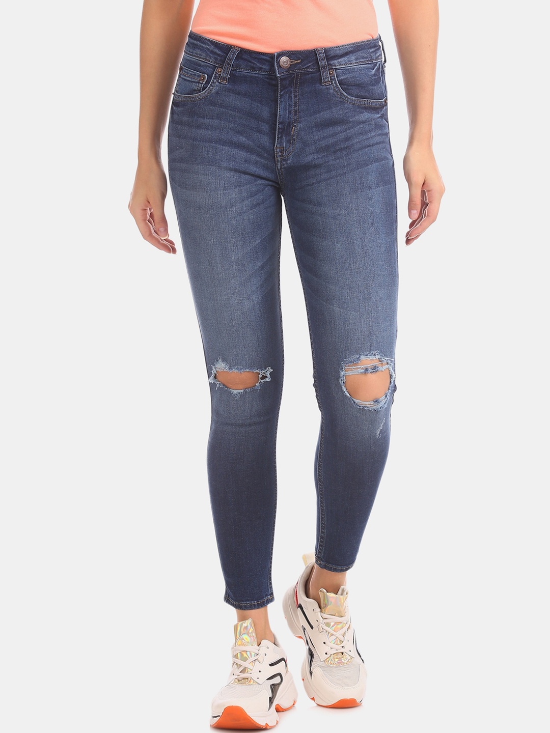 

Aeropostale Women Blue Slim Fit Mid-Rise Highly Distressed Stretchable Jeans