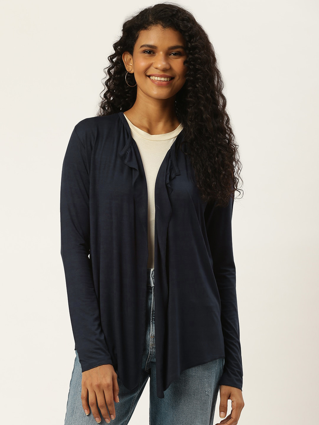 

Trend Arrest Women Navy Blue Solid Open Front Shrug