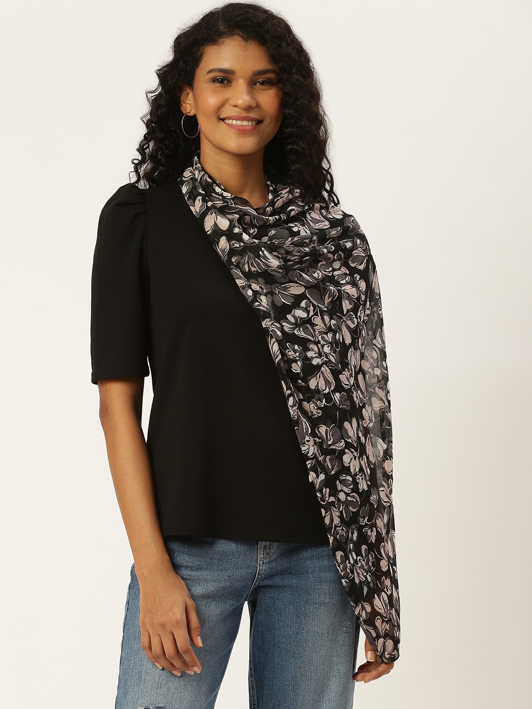 

Trend Arrest Women Black & Peach-Coloured Tulip Printed Stole