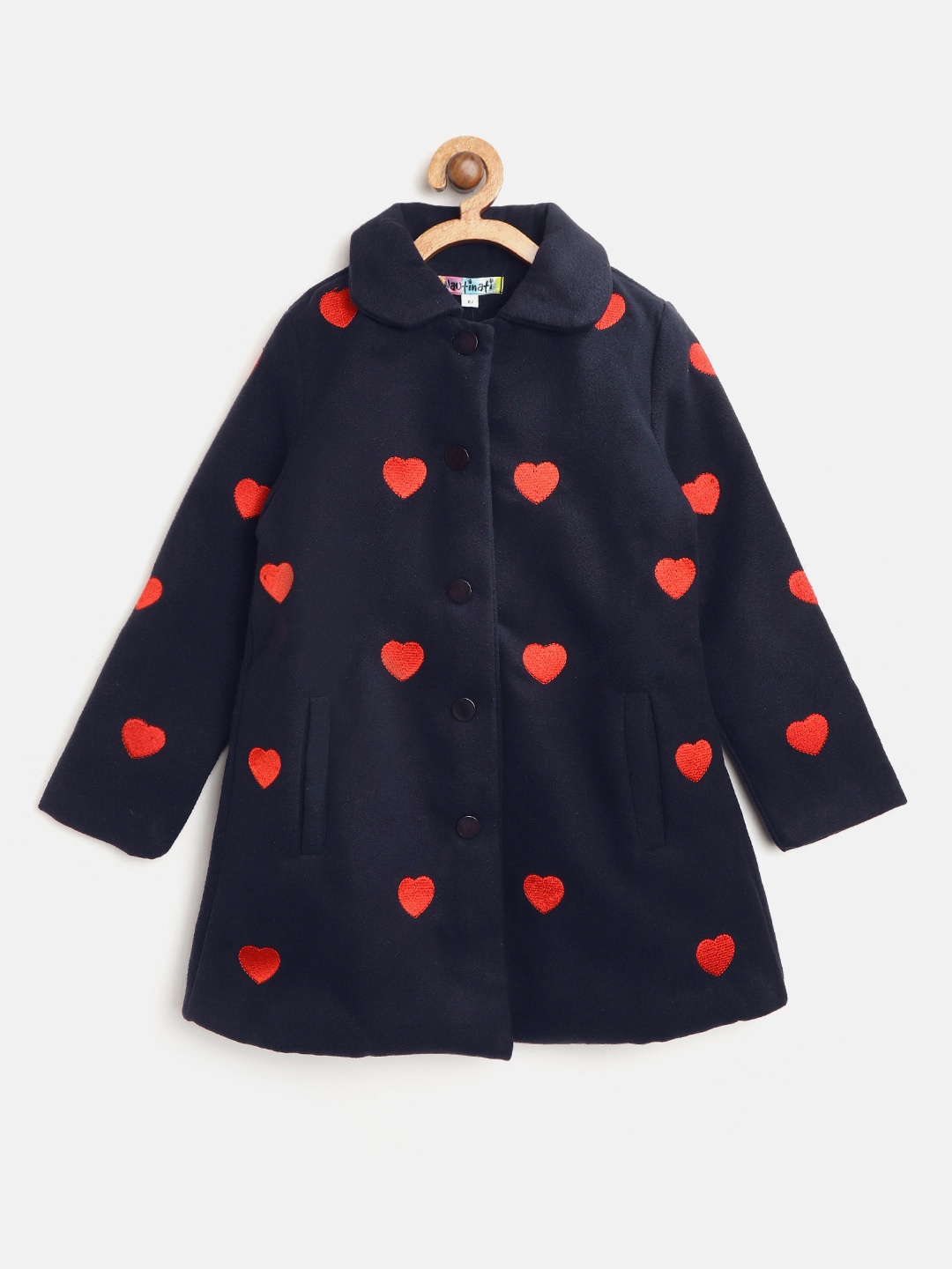 

Nauti Nati Girls Navy Blue & Red Heart Embroidered Coat