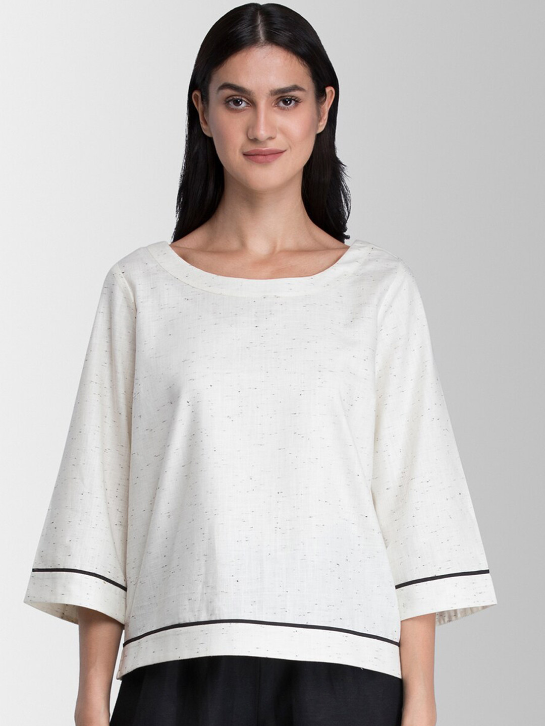 

FableStreet Women Off-White Solid Pure Cotton Top