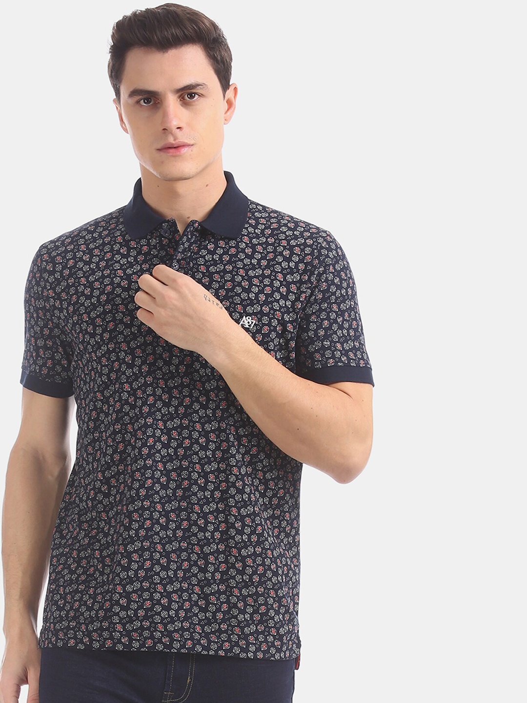 

Aeropostale Men Navy Blue Printed Polo Collar Pure Cotton T-shirt