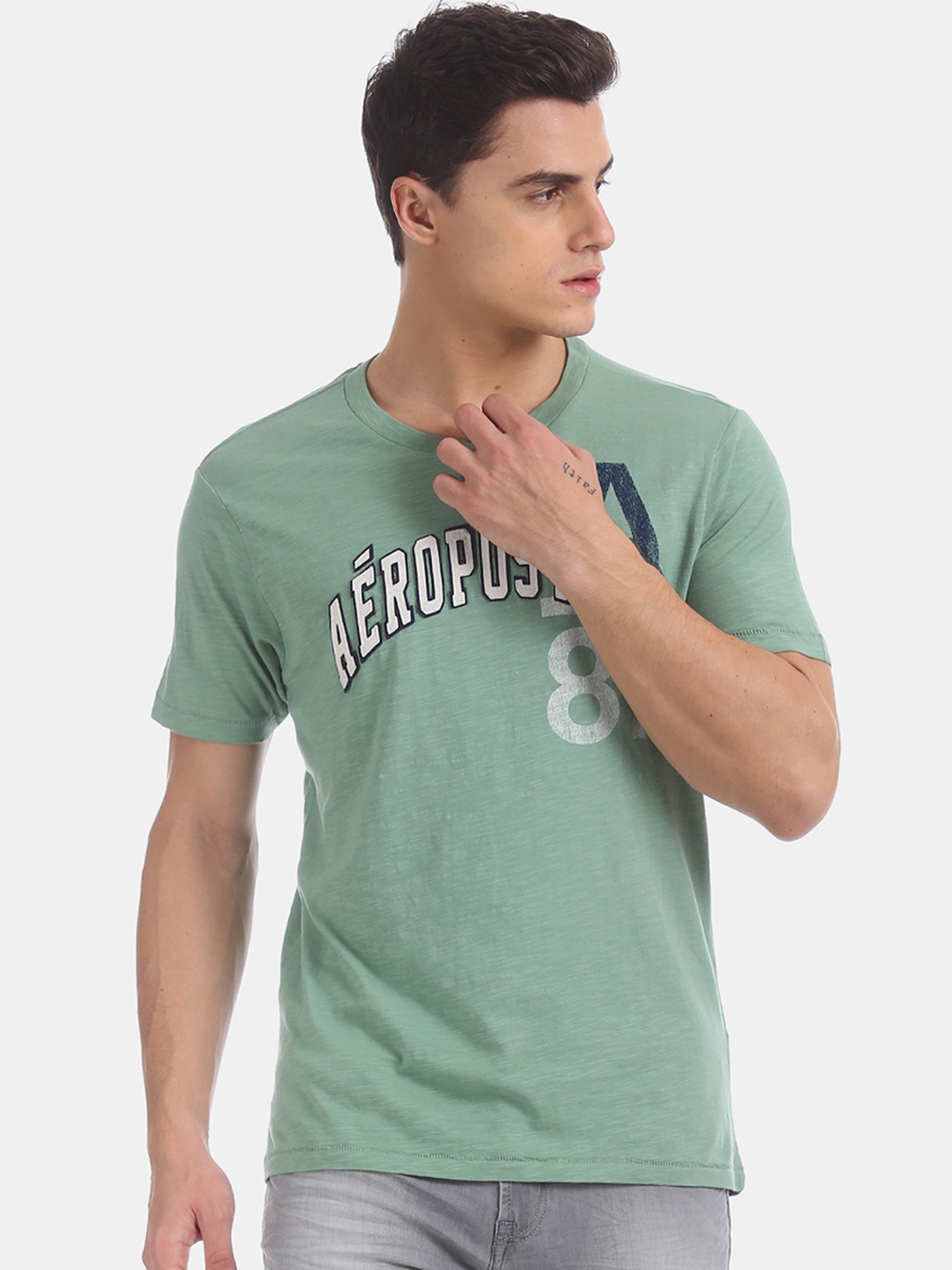 

Aeropostale Men Green Printed Round Neck Pure Cotton T-shirt