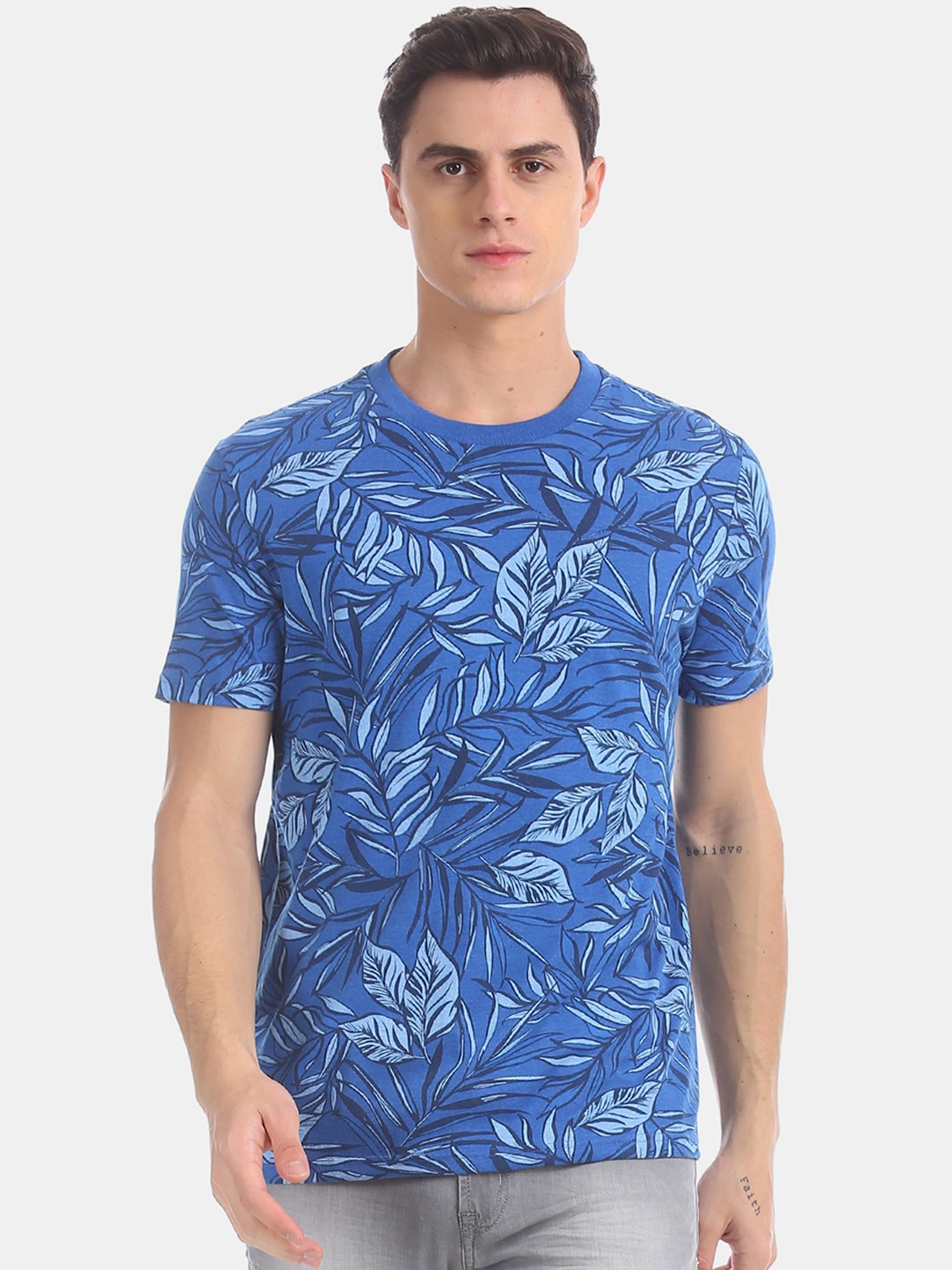 

Aeropostale Men Blue & White Printed Round Neck T-shirt