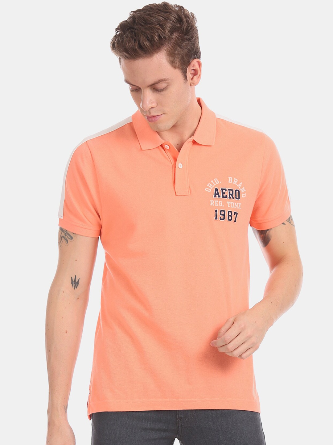 

Aeropostale Men Orange Printed Polo Collar T-shirt