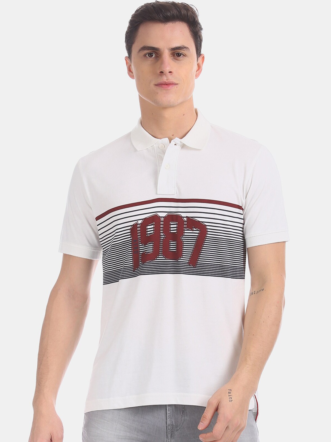 

Aeropostale Men White Striped Polo Collar T-shirt