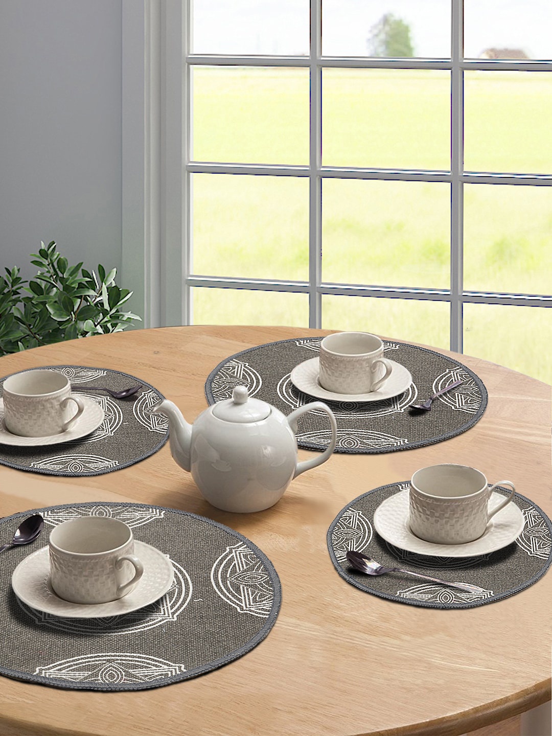 

Saral Home Set of 4 Grey & White Embroidered Anti-Skid Table Placemats