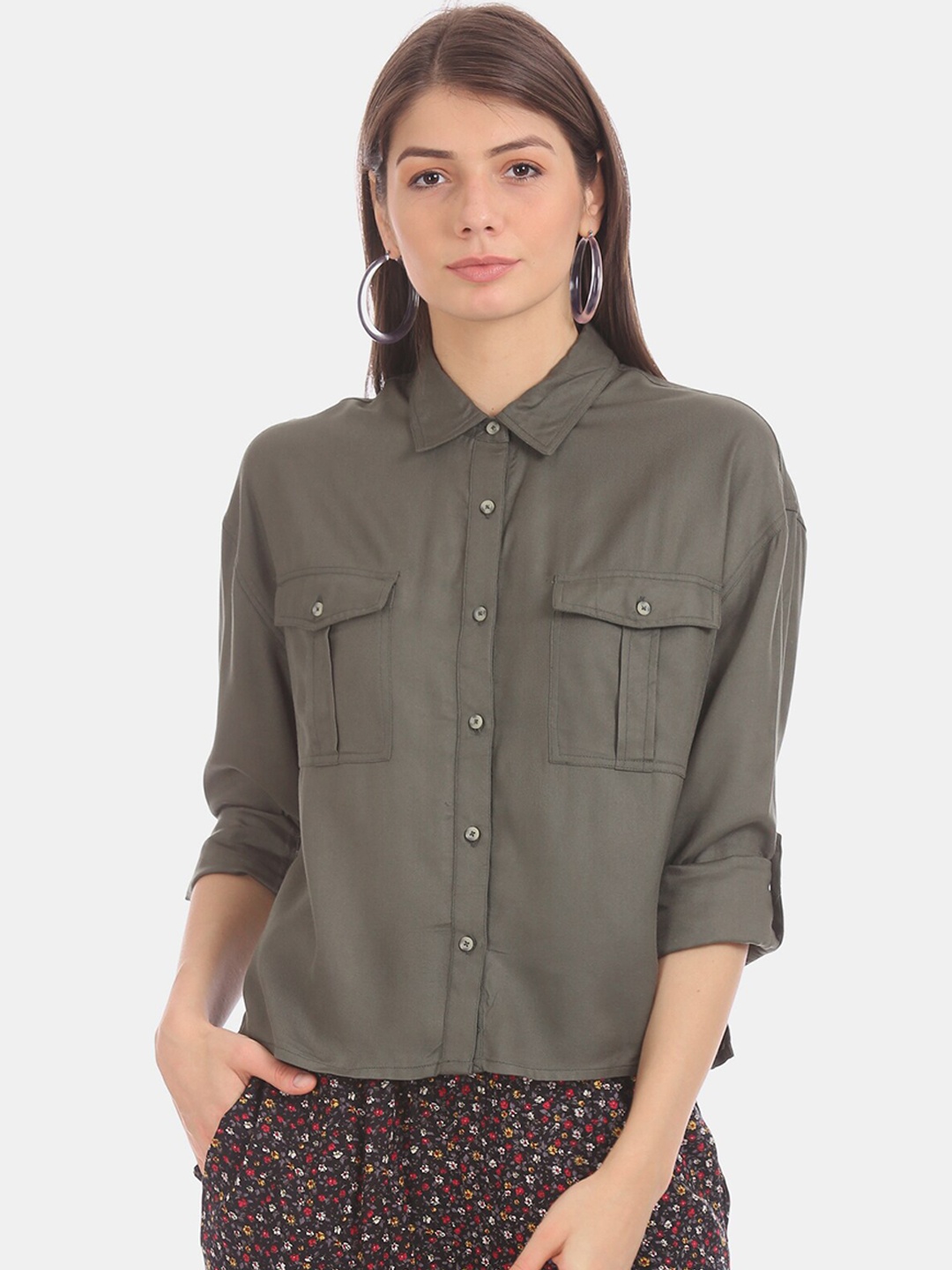 

Aeropostale Women Olive Green Regular Fit Solid Casual Shirt