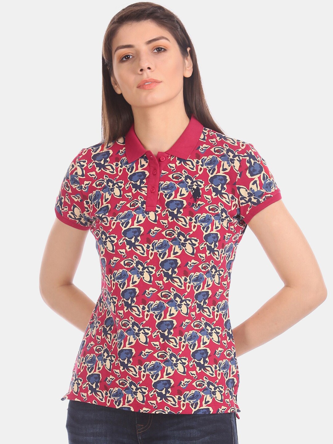 

U.S. Polo Assn. Women Red Printed Polo Collar T-shirt