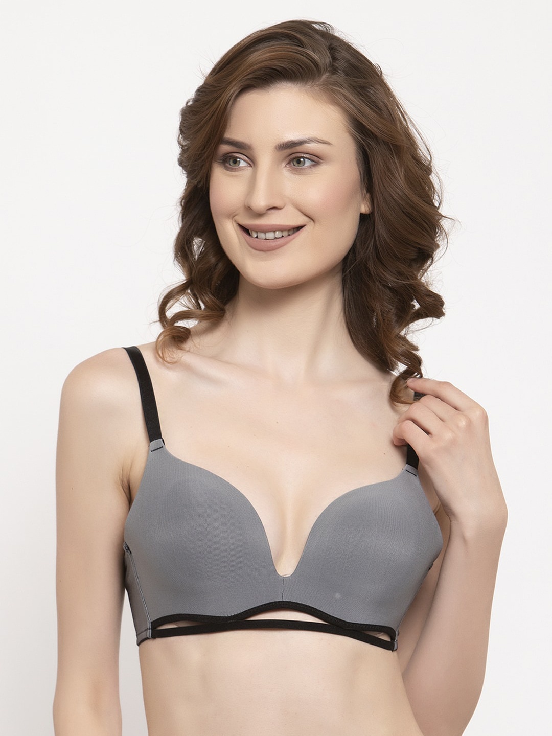 

PrettyCat Grey Solid Non-Wired Lightly Padded Plunge Bra PC-BR-6022-GRY-30B