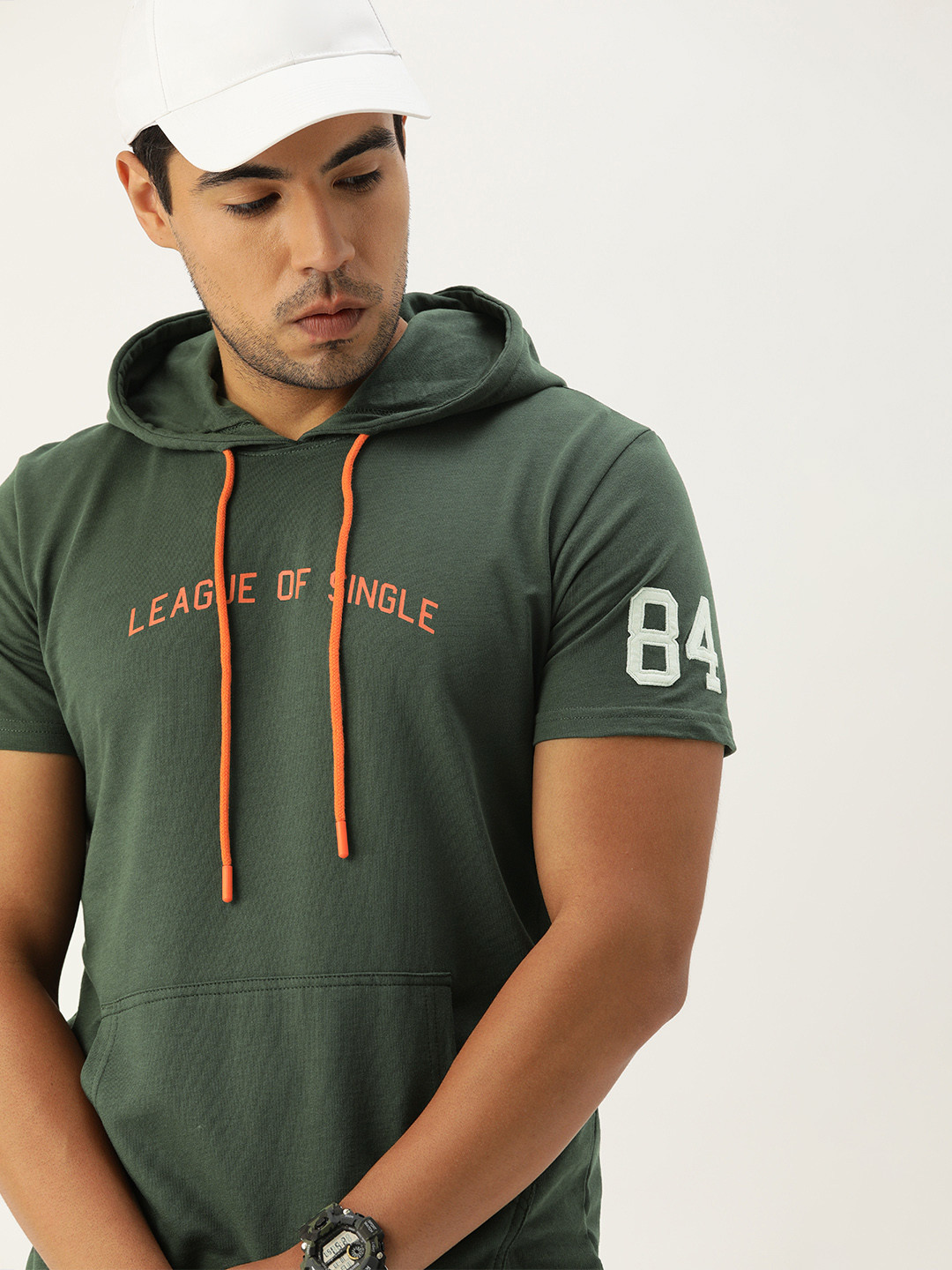 

SINGLE Men Olive Green Printed Hood T-shirt