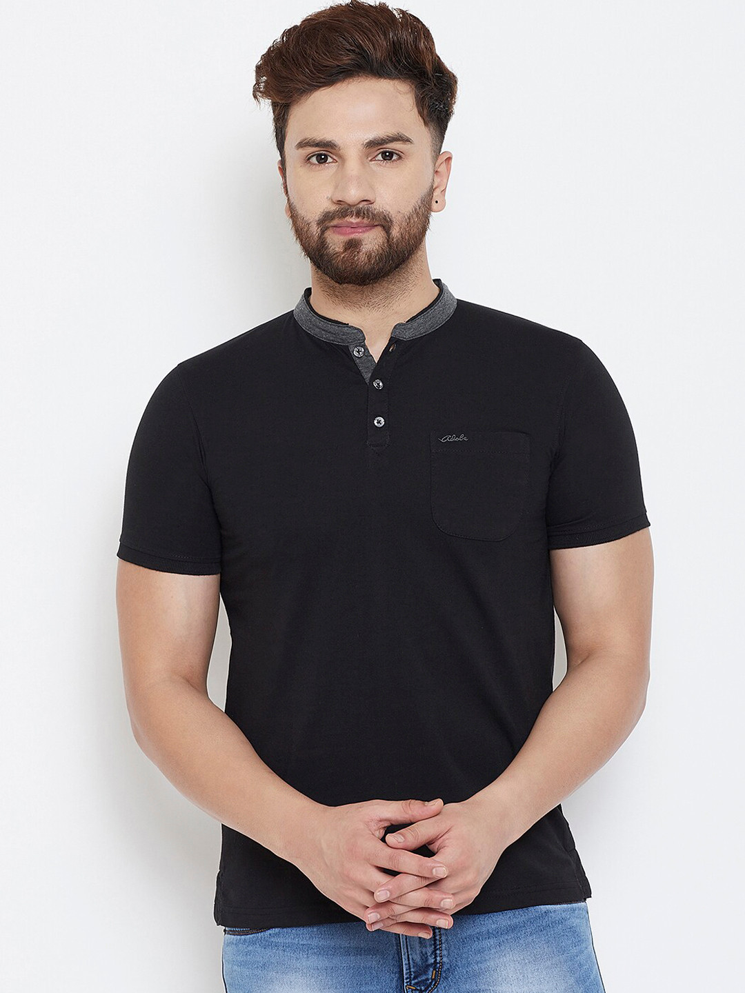 

Adobe Men Black Solid Mandarin Collar T-shirt