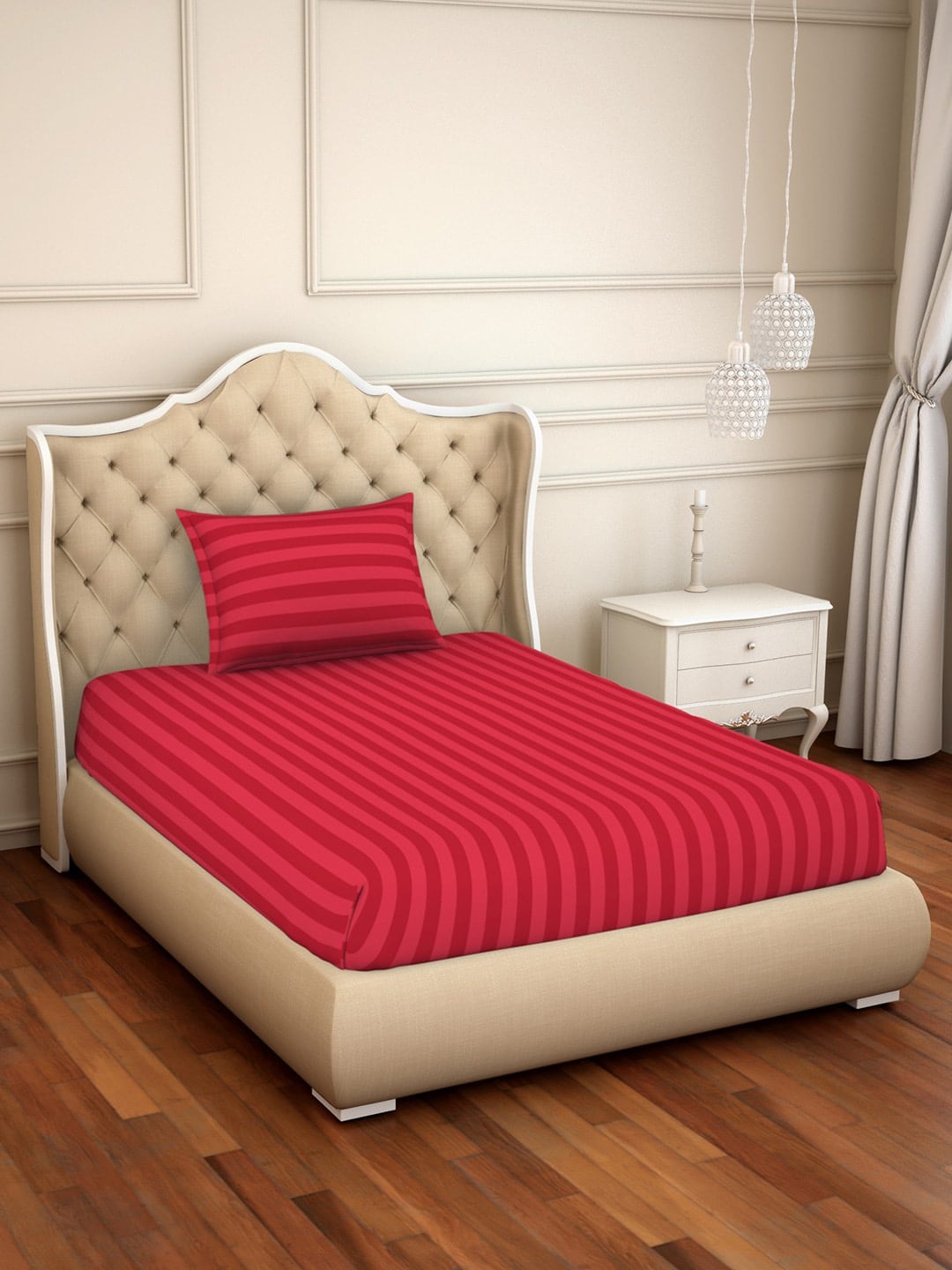 

SPACES Red Striped 210 TC Cotton 1 Single Bedsheet with 1 Pillow Cover